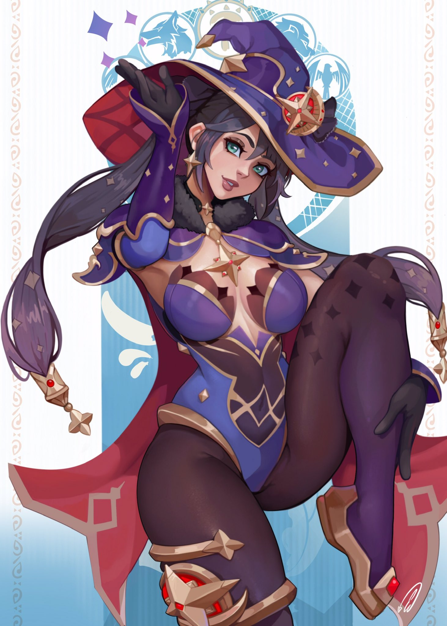 1girls, breasts, cleavage, edemevas, female, female only, genshin impact, looking at viewer, mona (genshin impact), solo, thighs