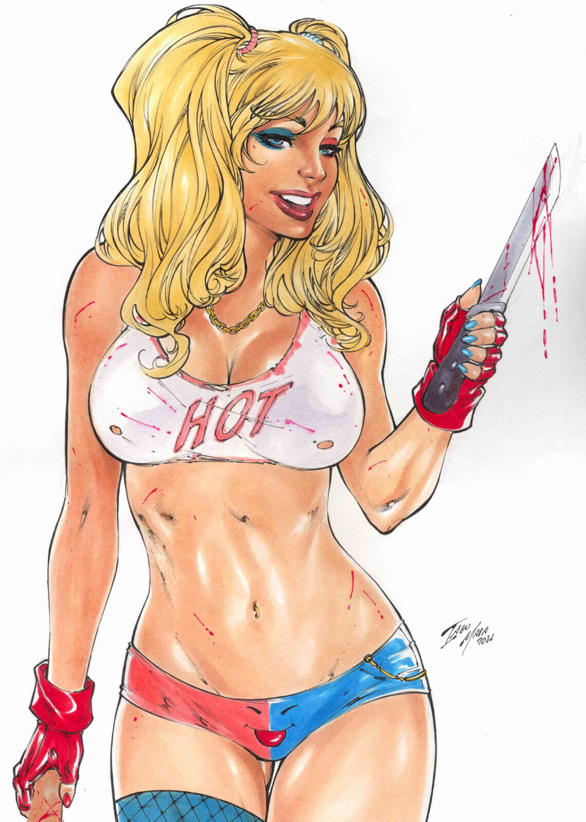 1girls batman_(series) big_breasts blonde_eyebrows blonde_hair blood blood_stain blue_eyeshadow blue_makeup blue_nail_polish blue_nails cleavage curvaceous curvy_body curvy_female curvy_figure dc dc_comics ed_benes_studio eyeshadow female female_only harley_quinn holding_knife holding_weapon iago_maia knife makeup nail_polish red_eyeshadow red_lipstick red_makeup red_nail_polish red_nails short_shorts short_top signature solo solo_female thong_panties twintails voluptuous voluptuous_female weapon