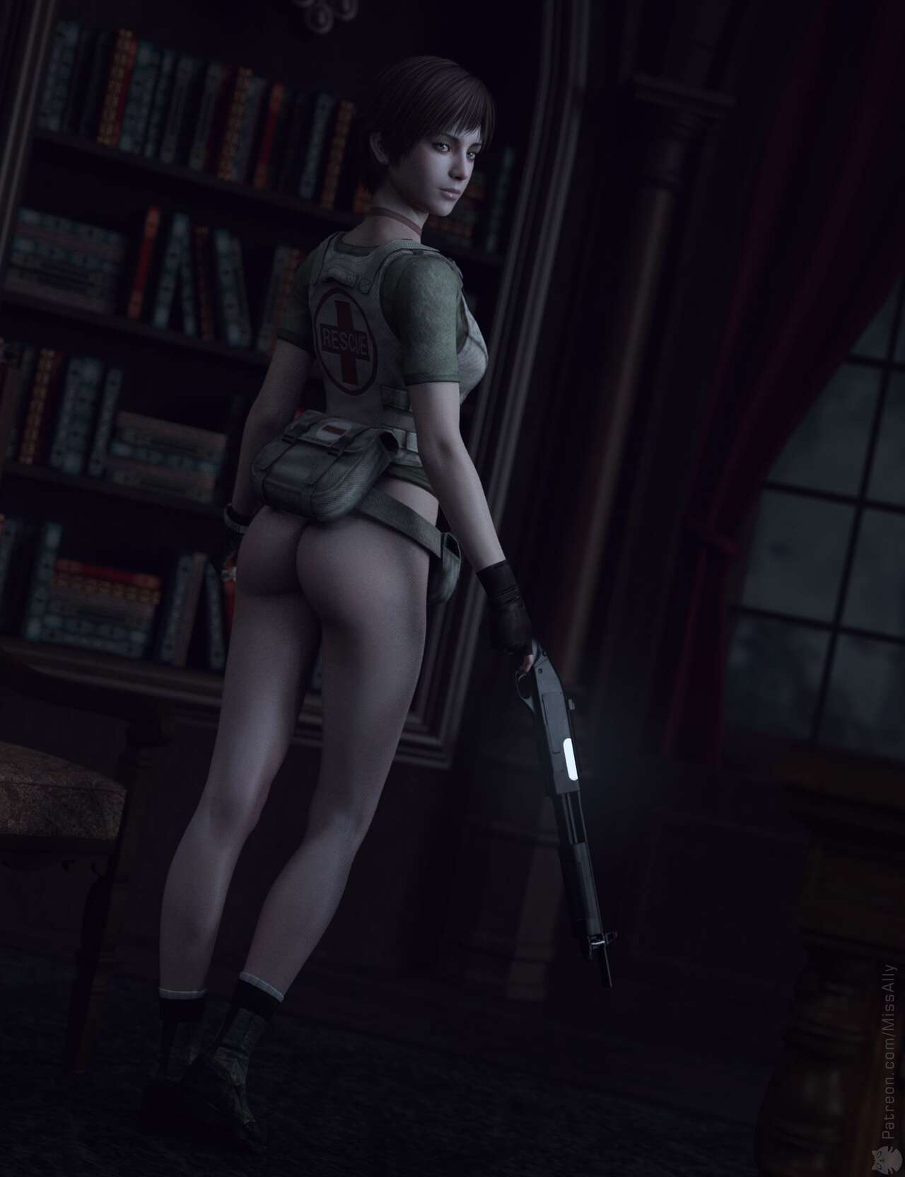 3d, ass, bottomless, female, fingerless gloves, missally, rebecca chambers, resident evil, seductive gaze, short hair