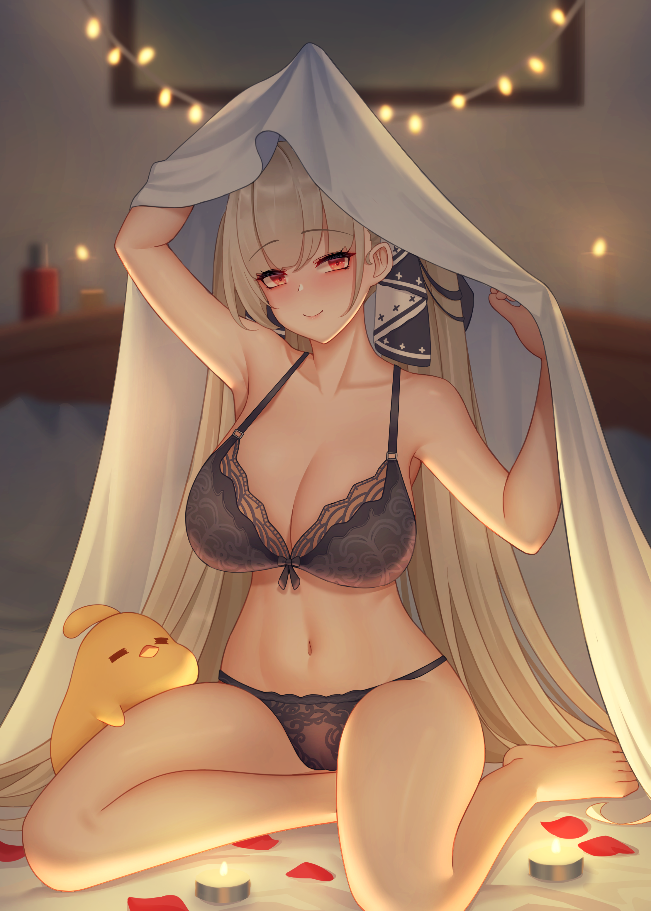 :), 1girls, azur lane, bare shoulders, barefoot, belly, big breasts, blanket, blush, bra, breasts, calves, cameltoe, candles, cleavage, female, female only, formidable (azur lane), grey hair, hair ribbon, hands up, happy, highres, indoors, kneeling, knees, large breasts, legs, light skin, light-skinned female, lights, long hair, looking at viewer, navel, on bed, orange eyes, panties, petals, pussy, pussy visible through clothes, pussy visible through panties, seductive, sitting, sitting on bed, smile, solo, stomach, thick thighs, thighs, twintails, under blanket, very long hair, wei xiao