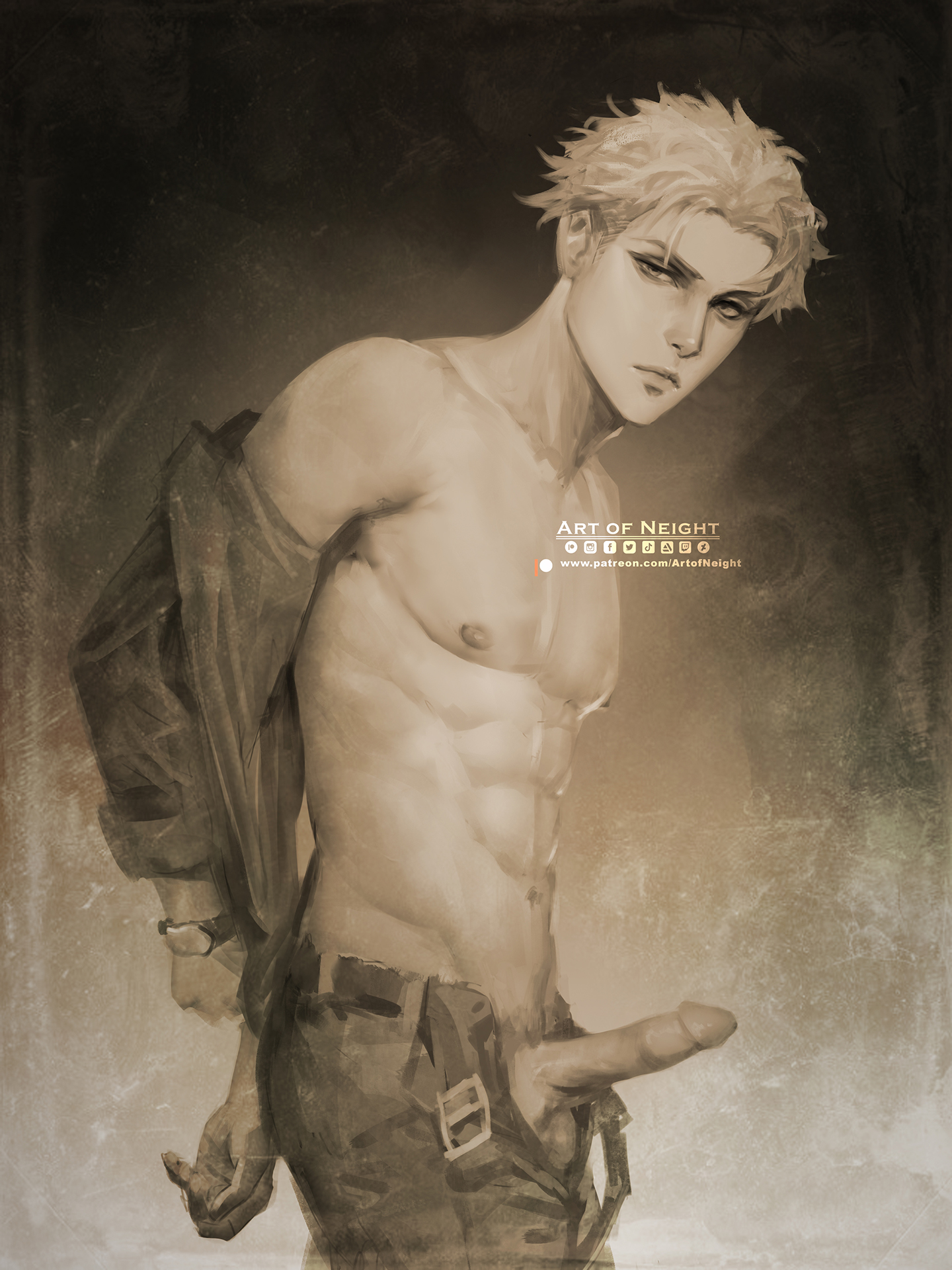 1boy, circumcised, circumcision scar, erection, genitals, loid forger, male, male only, monochrome, neight, penis, shirtless, solo, solo focus, spy x family