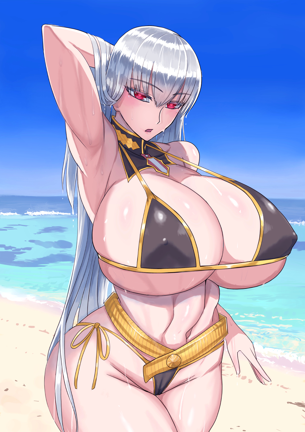 armpits arms_up bottom_heavy bursting_breasts female female_only hanging_breasts huge_breasts hyper_breasts large_ass long_hair massive_breasts nipple_bulge nipples red_eyes selvaria_bles silver_hair swimsuit syoukyaku_butu thick_thighs valkyria_chronicles wet