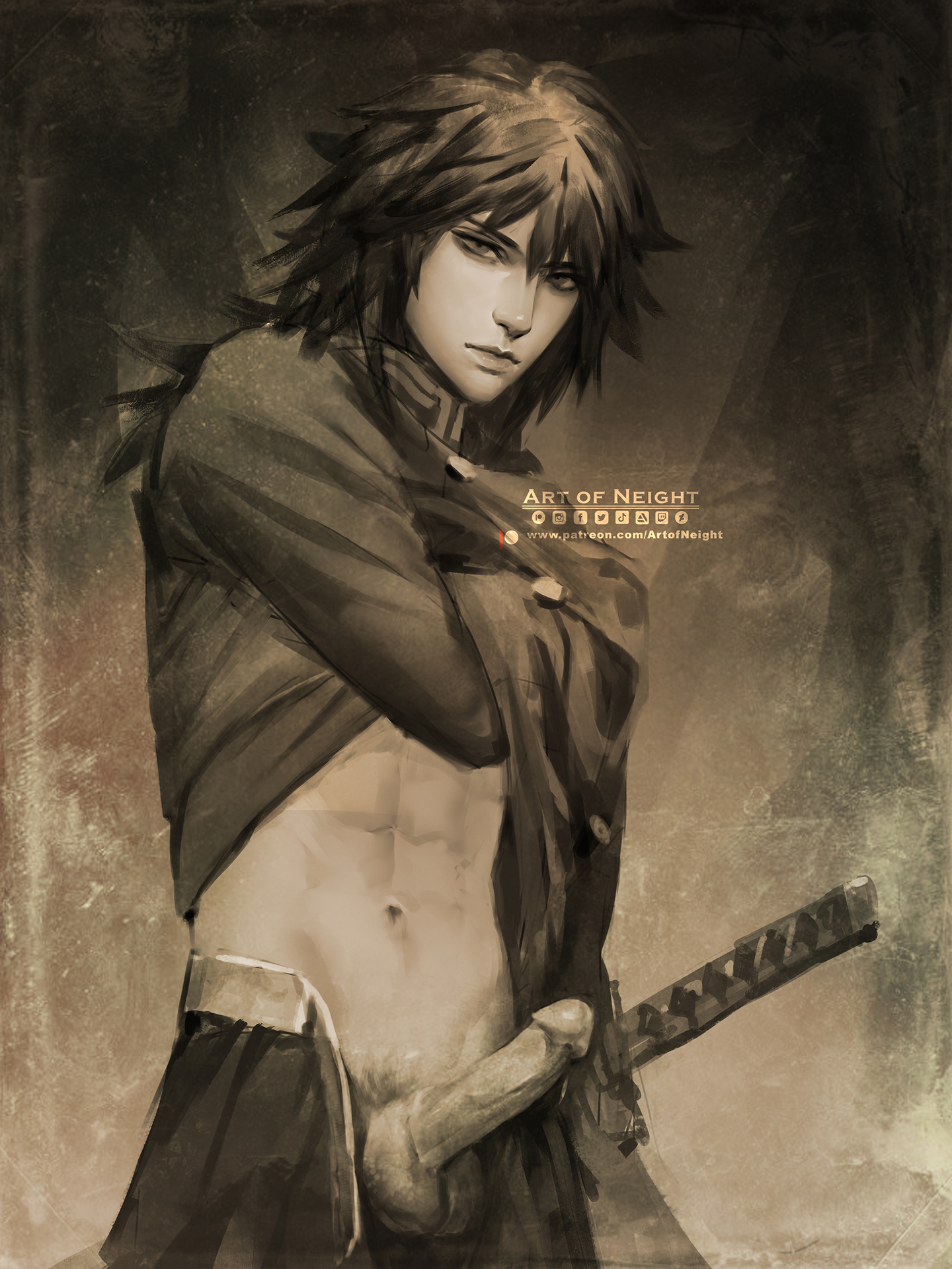 1boy, abs, circumcised, clothing, demon slayer, erection, kimetsu no yaiba, looking at viewer, male, male only, monochrome, neight, open pants, painting (artwork), penis, penis out, shirt lift, shirt up, solo, sword, tomioka giyuu, unbuckled belt, uncensored, undressing