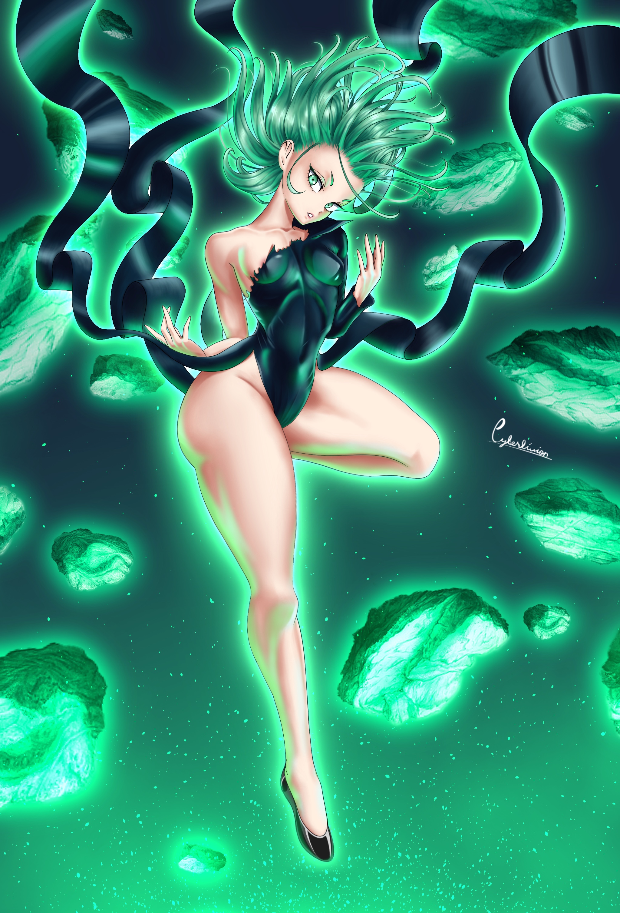 1girls, absurd res, areola slip, areolae, artist name, ass, aura, bare shoulders, big ass, breasts, clenched teeth, clothing, collarbone, curvy, cyberlivion, dress, eyelashes, female, female focus, female only, flats, full body, green eyes, green hair, hair standing up, high collar, hips, human, large ass, levitation, long hair, long legs, long sleeves, looking at viewer, navel, navel visible through clothes, night, no bra, no panties, one-punch man, parted lips, petite, pinup, revealing clothes, rocks, seductive, signature, skimpy, skin tight, small breasts, solo, solo female, tatsumaki, teeth, thick thighs, thighs, torn clothes, wide hips