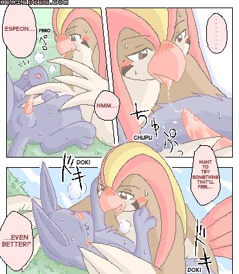 comic eeveelution espeon grass mikazuki_karasu nintendo penis pidgeot pokemon pokemon_(species)