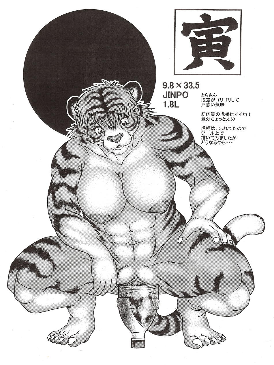 anthro crouching feline female fur furry japanese_text large_insertion muscles nnh solo tiger translation_request