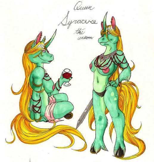 anthro_only blonde_hair breasts domination ear_piercing equine female furry furry_only green hair iko ikorane piercing royalty sword syracuse unicorn weapon white_background