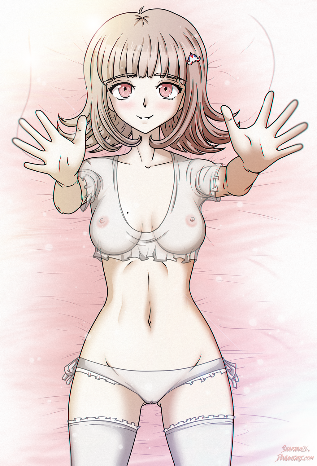 bed breasts danganronpa danganronpa_2:_goodbye_despair female_only laying_down laying_on_bed mole mole_on_breast nanami_chiaki pussy see-through see-through_clothing shadako26 smooth_skin super_danganronpa_2 thighhighs