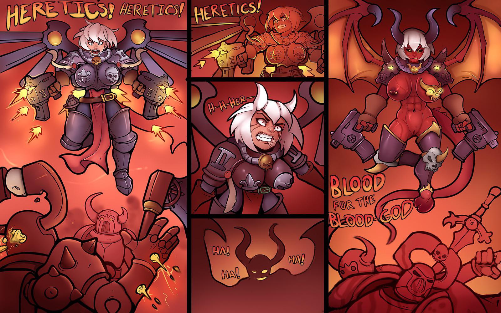 1girls, abs, adepta sororitas, armor, bolter, breasts, chaos (warhammer), chaos daemon, chaos space marine, comic, corruption, covered nipples, dialogue, english text, female, fingerless gloves, fleur-de-lis, gloves, gun, hooves, horns, imperium of man, male, markydaysaid, naked, nipple piercing, nipples, piercing, power armor, power armor (warhammer), purity seal, pussy, red skin, sister of battle, sweat, sword, tail, text, transformation, unconvincing armor, warhammer (franchise), warhammer 40k, weapon, white hair, wings