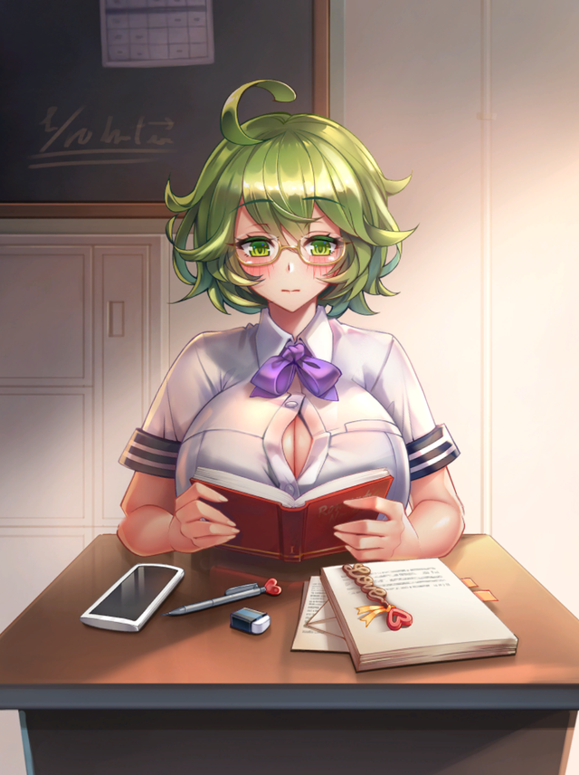 big_breasts clara_(project_qt) game_cg glasses green_eyes green_hair nutaku official_art project_qt pure_clara_(project_qt) shy