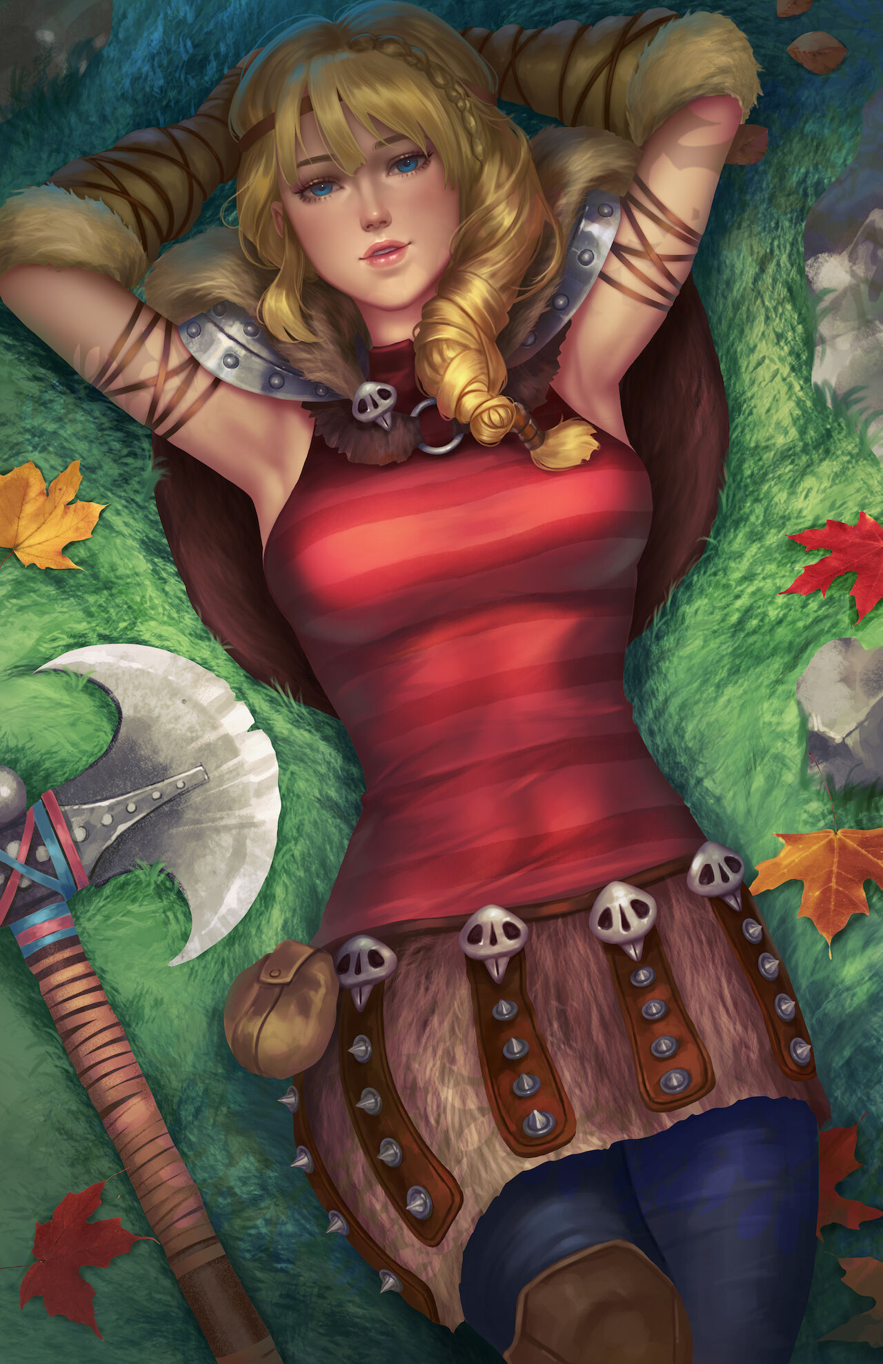 1girls armpits arms arms_behind_head arms_up astrid_hofferson axe blonde_hair blue_eyes braid braided_hair braids breasts curvaceous curvy curvy_body curvy_female curvy_figure dreamworks female female_only fully_clothed grass heroine hourglass_figure how_to_train_your_dragon light-skinned_female light_skin lying lying_down lying_on_back lying_on_ground nopeys outdoors outline outside red_clothing red_shirt shaved_armpit skirt skull skulls solo solo_female solo_focus tight_clothing tight_fit viking voluptuous