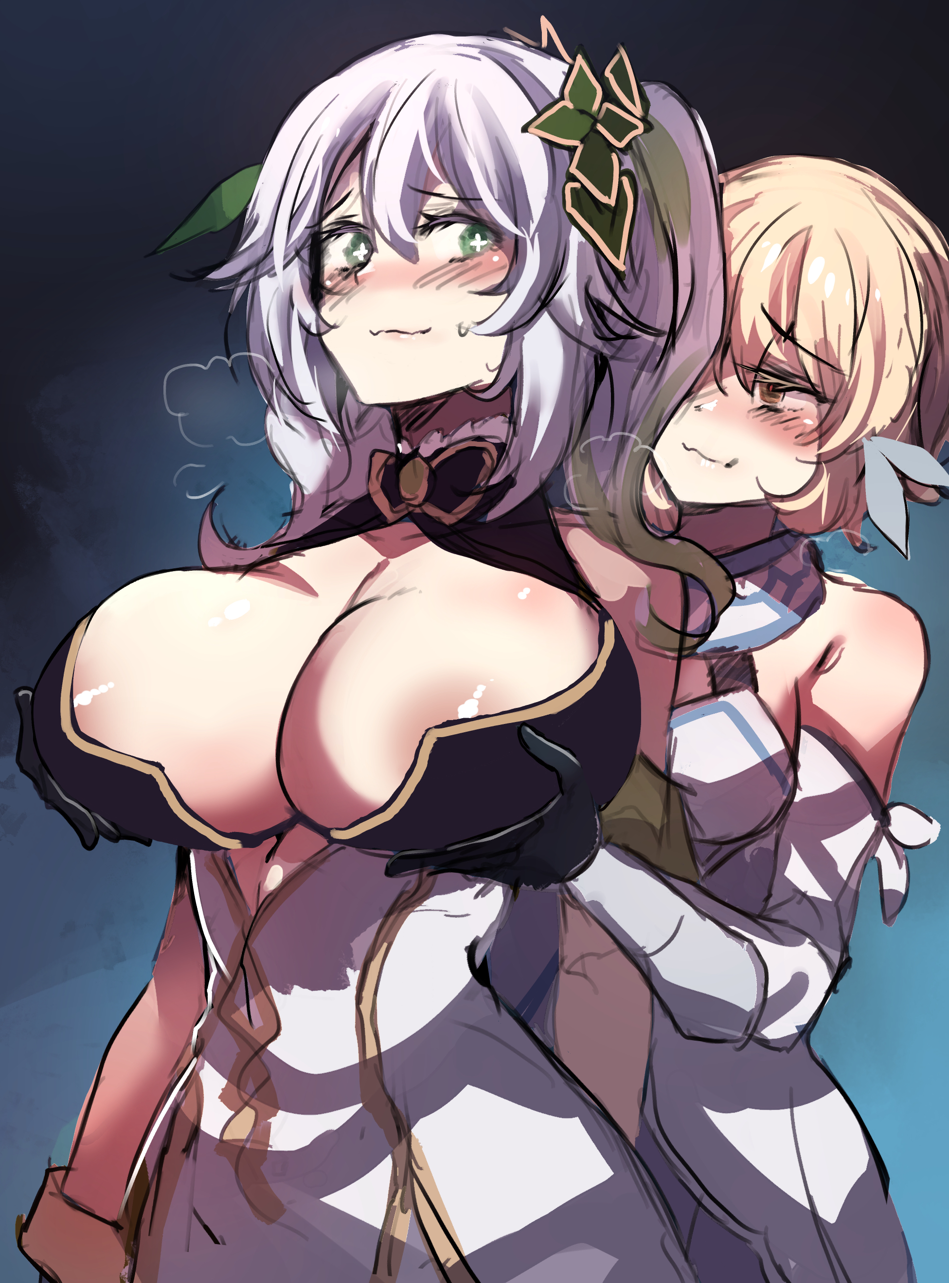 2022, 2girls, aged up, big breasts, blonde hair, breast grab, breasts, cleavage, female, female only, genshin impact, gold eyes, green eyes, groping, groping breasts, groping from behind, heavy breathing, hinghoi, huge breasts, imminent sex, light skin, light-skinned female, lumine (genshin impact), nahida (genshin impact), naughty face, suggestive look, white hair, yuri