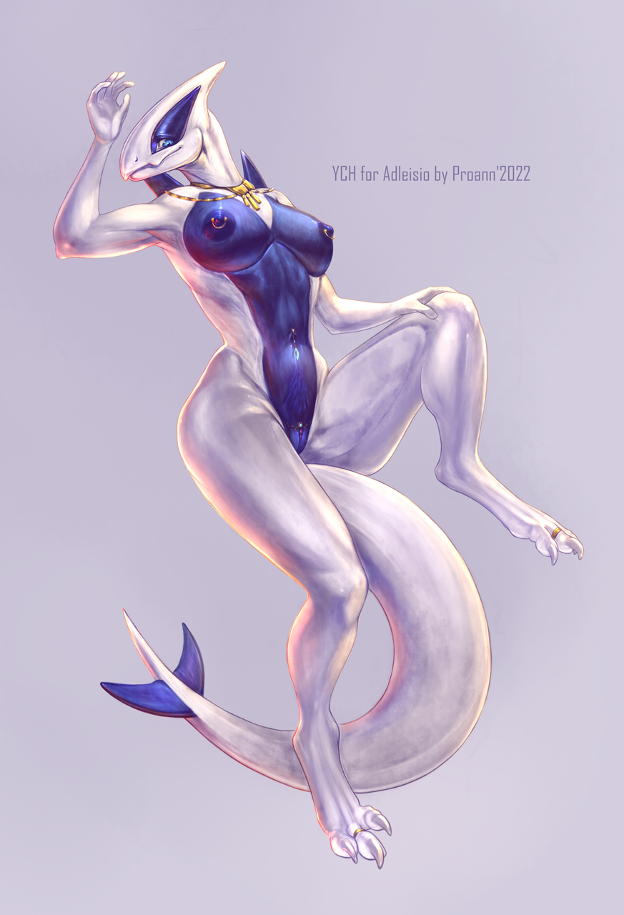 2022 anthro anthrofied armpits blue_body blue_eyes blue_fur blue_nipples body_hair breasts claws digit_ring digitigrade female fur generation_2_pokemon genitals grey_background happy_trail hi_res jewelry jewelry_only legendary_pokemon lugia multicolored_body navel navel_piercing necklace nintendo nipple_piercing nipples nude piercing pokemon pokemon_(species) proann pubes pussy raised_leg ring simple_background small_waist solo toe_ring two_tone_body video_games white_body wide_hips