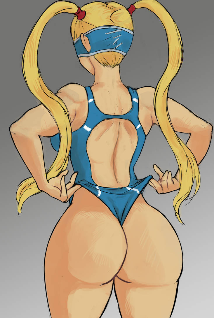 ass ass_focus back blonde_hair blue_eyes bottom_heavy capcom female from_behind huge_ass long_hair one-piece_swimsuit presenting_ass rainbow_mika solo street_fighter street_fighter_v swimsuit teasing thats-lewdacris thick_thighs thighs twintails