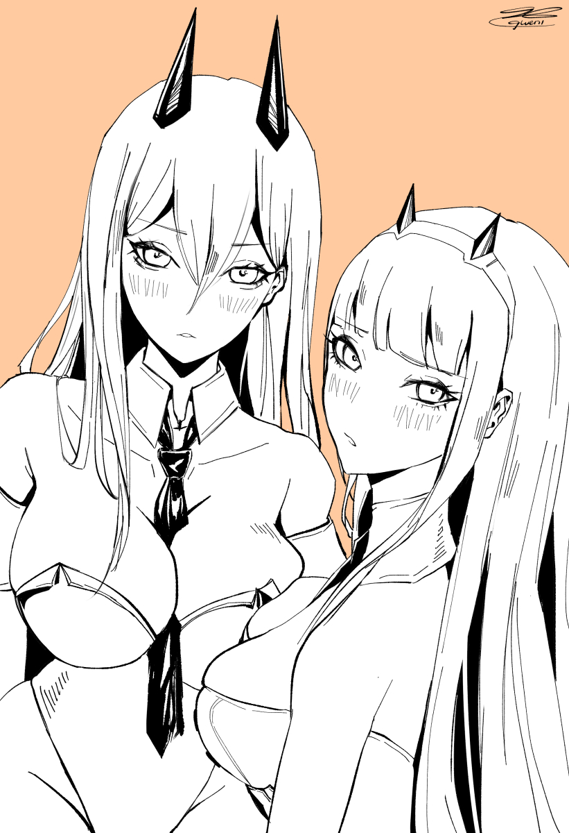 2girls, alternate costume, big breasts, blush, breasts, chainsaw man, cleavage, crossover, darling in the franxx, duo, female, female only, gweni, horns, long hair, looking at viewer, looking back, monochrome, monster girl, necktie, power (chainsaw man), tagme, upper body, zero two (darling in the franxx)