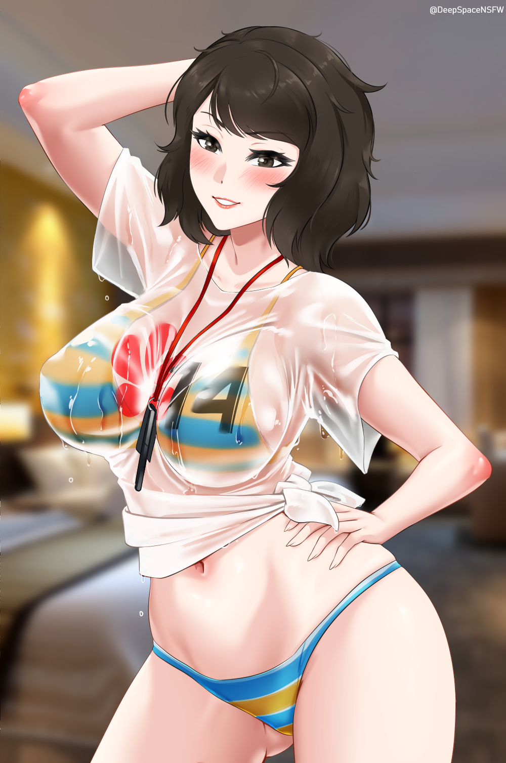 1girls, bikini, dark hair, deepspace, female, female only, persona, persona 5, pinup, sadayo kawakami, solo, swimsuit, swimwear, wet clothes, wet shirt