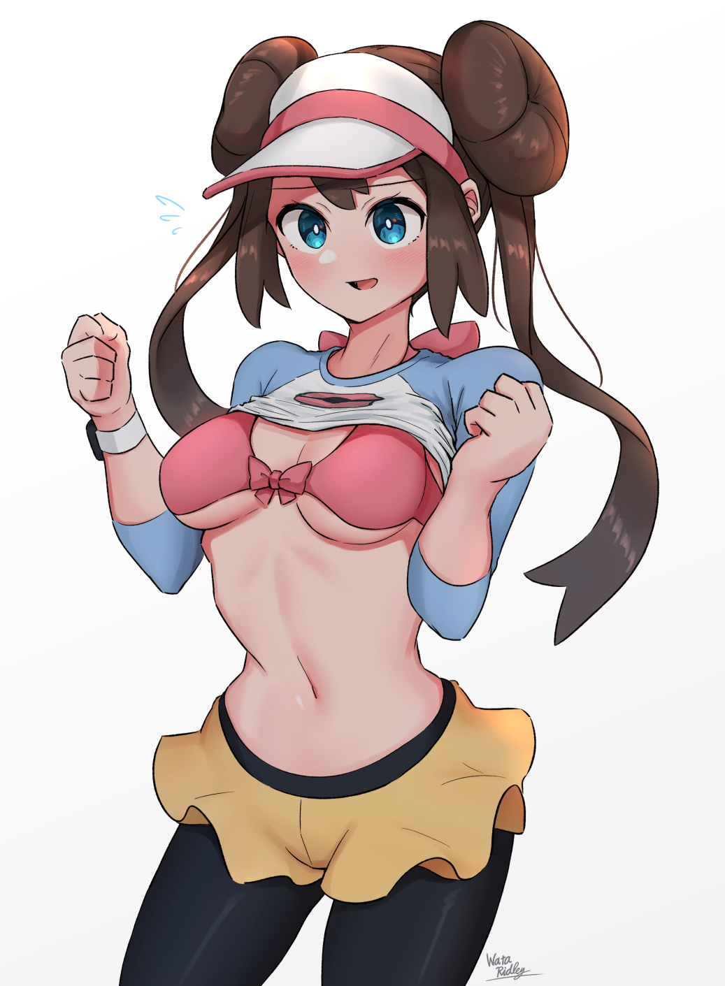 1girls, blue eyes, blue shirt, blush, bra, brown hair, double bun, female, hi res, nintendo, pantyhose under shorts, pantyhose under skirt, pink bra, pokemon, pokemon (game), pokemon bw, rosa (pokemon), shirt, shirt up, shorts, skirt, tied hair, twintails, visor cap, wata ridley, white background, yellow shorts, yellow skirt