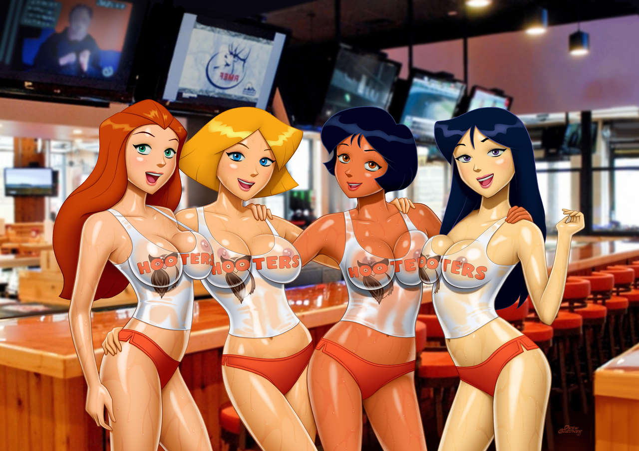 4girls alex_(totally_spies) artist_signature asian black_hair blonde blonde_hair blue_eyes booty_shorts bottomwear breast_press breasts britney_(totally_spies) chocolate_and_vanilla cleavage clothing clover_(totally_spies) curvaceous dark_skin drew_gardner female female_only green_eyes group hazel_eyes hooters hooters_uniform hourglass_figure human latina long_black_hair long_orange_hair multiple_girls nipples orange_hair pale_skin pinup public realistic_background red_hair redhead revealing_clothes sam_(totally_spies) see-through see-through_clothing shiny_skin short_black_hair short_blonde_hair short_shorts shorts smooth_skin topwear totally_spies uniform visible_nipples voluptuous wet wet_clothes wet_shirt yellow_eyes