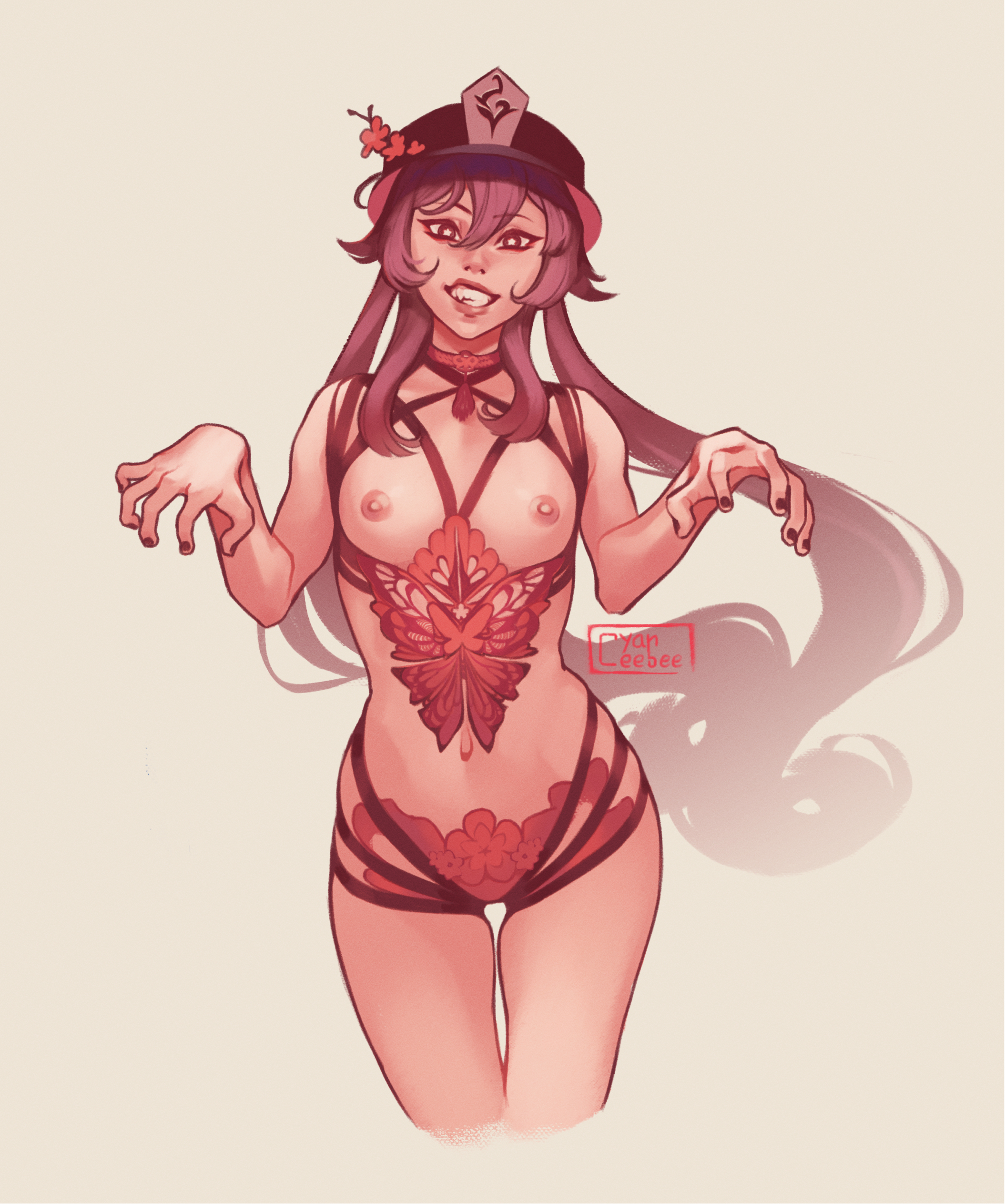 1girls, clenched teeth, cyanceebee, female, flat chest, genshin impact, hat, hu tao (genshin impact), lingerie, long hair, pose, solo