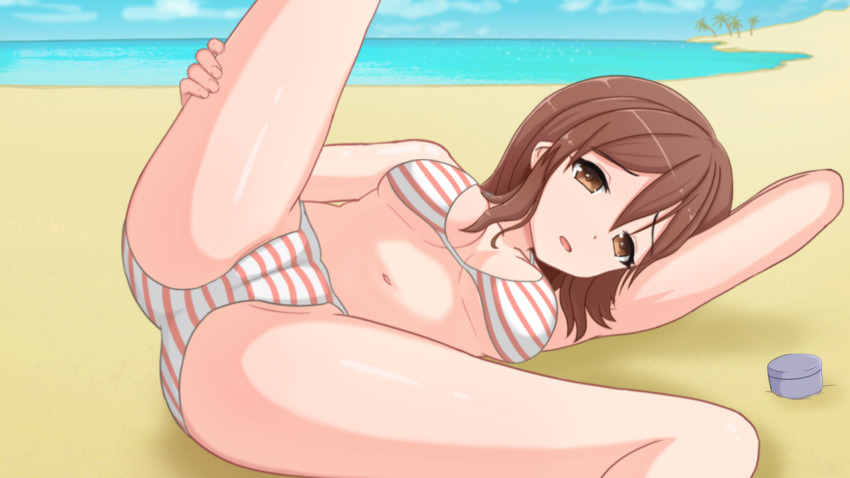 ass bare_legs beach bikini bra breasts brown_eyes brown_hair cameltoe clara_(together_again) cleft_of_venus female game_cg hand_on_own_leg highres legs_up looking_at_viewer lying medium_breasts ocean open_mouth panties pinktea presenting red_and_white_stripes sand short_hair solo_focus spread_legs striped striped_bikini striped_bra striped_panties swimsuit together_again underwear water