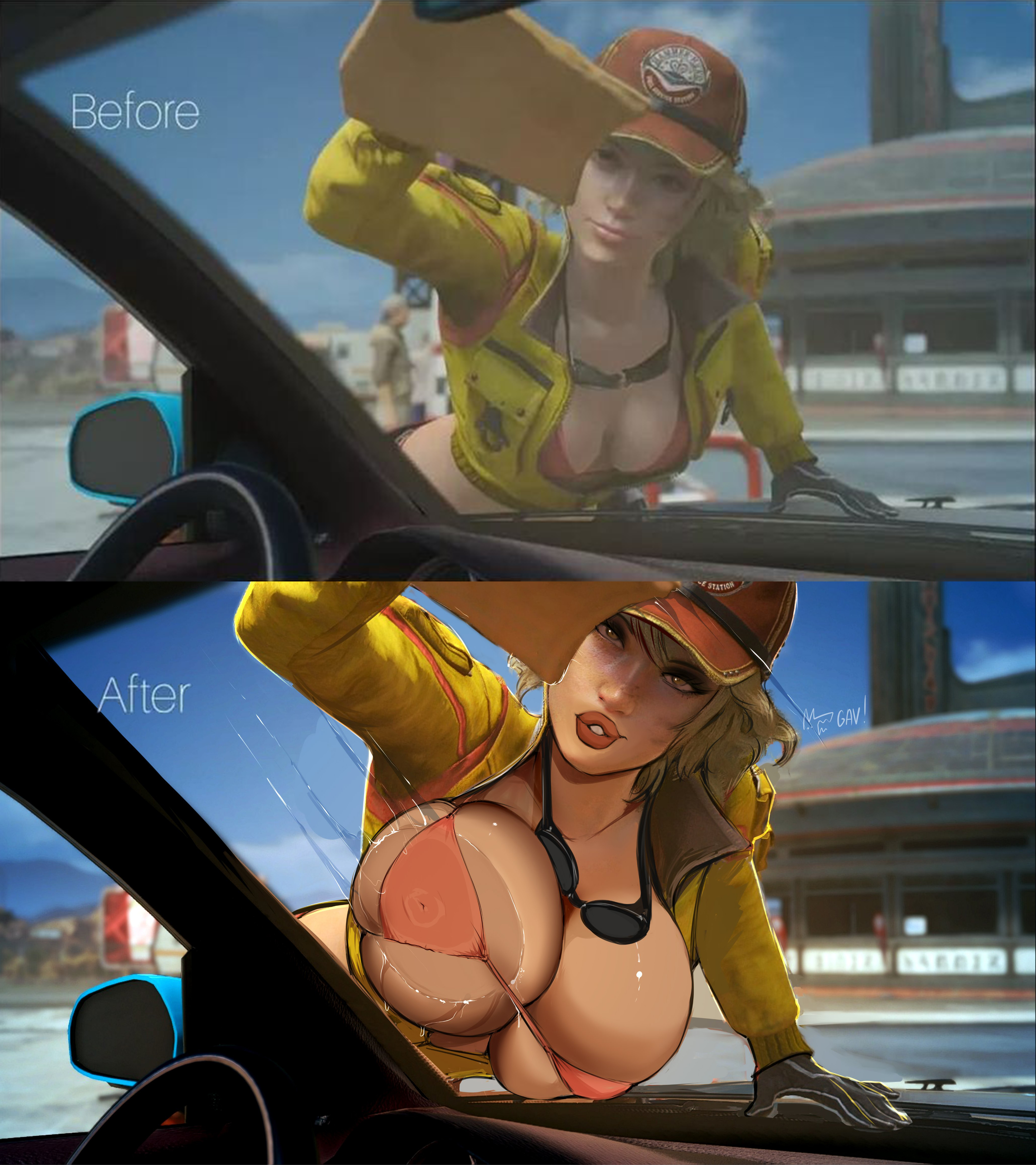 3d, aleksandrgav, alternate breast size, anime style, big breasts, bimbofied, black gloves, blonde hair, breasts, bursting breasts, busty, car, car wash, cindy aurum, edit, erect nipples, female, female only, final fantasy, final fantasy xv, gloves, large breasts, lipstick, nipples, overflowing breasts, redraw, small breasts, tagme