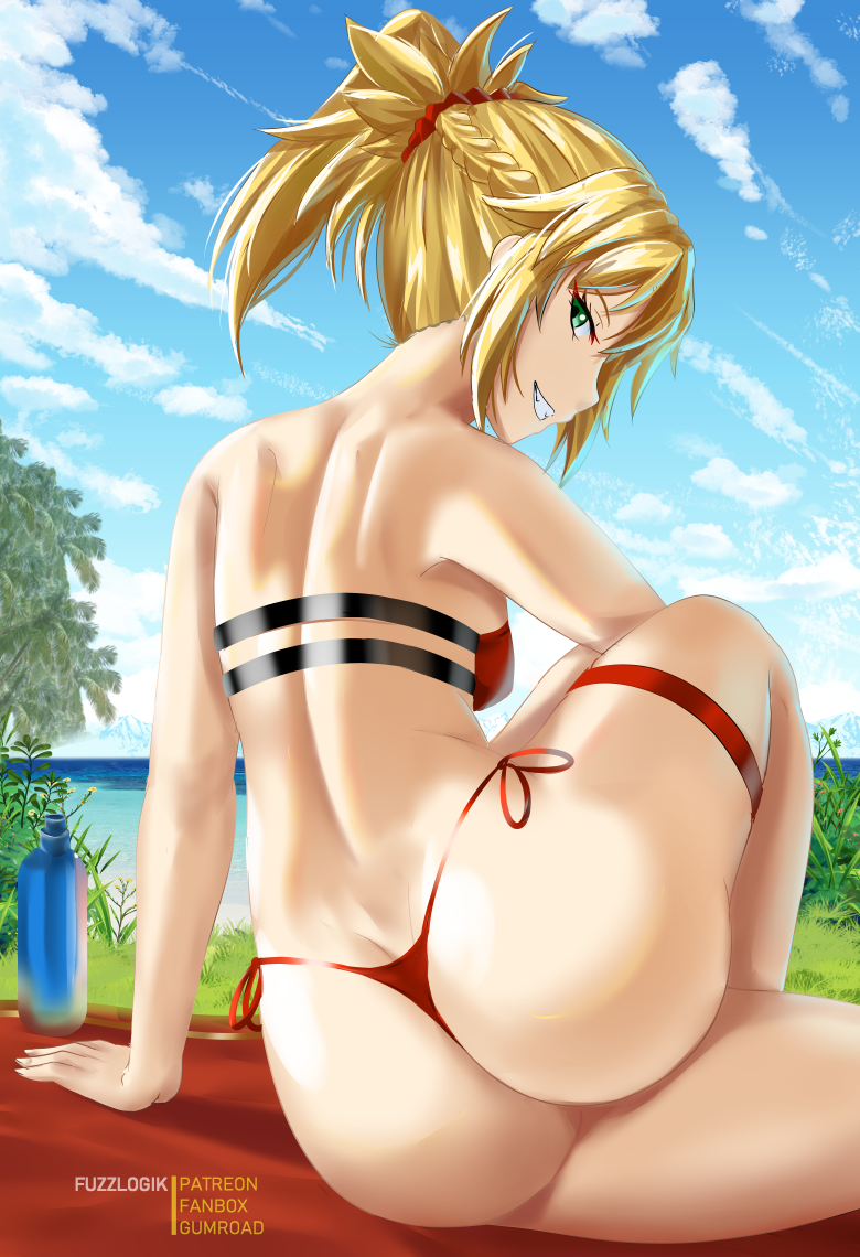 1girls, 2022, ass, back, back view, bikini top, blonde hair, breasts, fate (series), fate/grand order, female, female only, fuzzlogik, green eyes, grin, large ass, light skin, light-skinned female, mordred (fate), ponytail, red bikini, slim waist, small breasts, smile, thick thighs, thighs, tied hair, tomboy