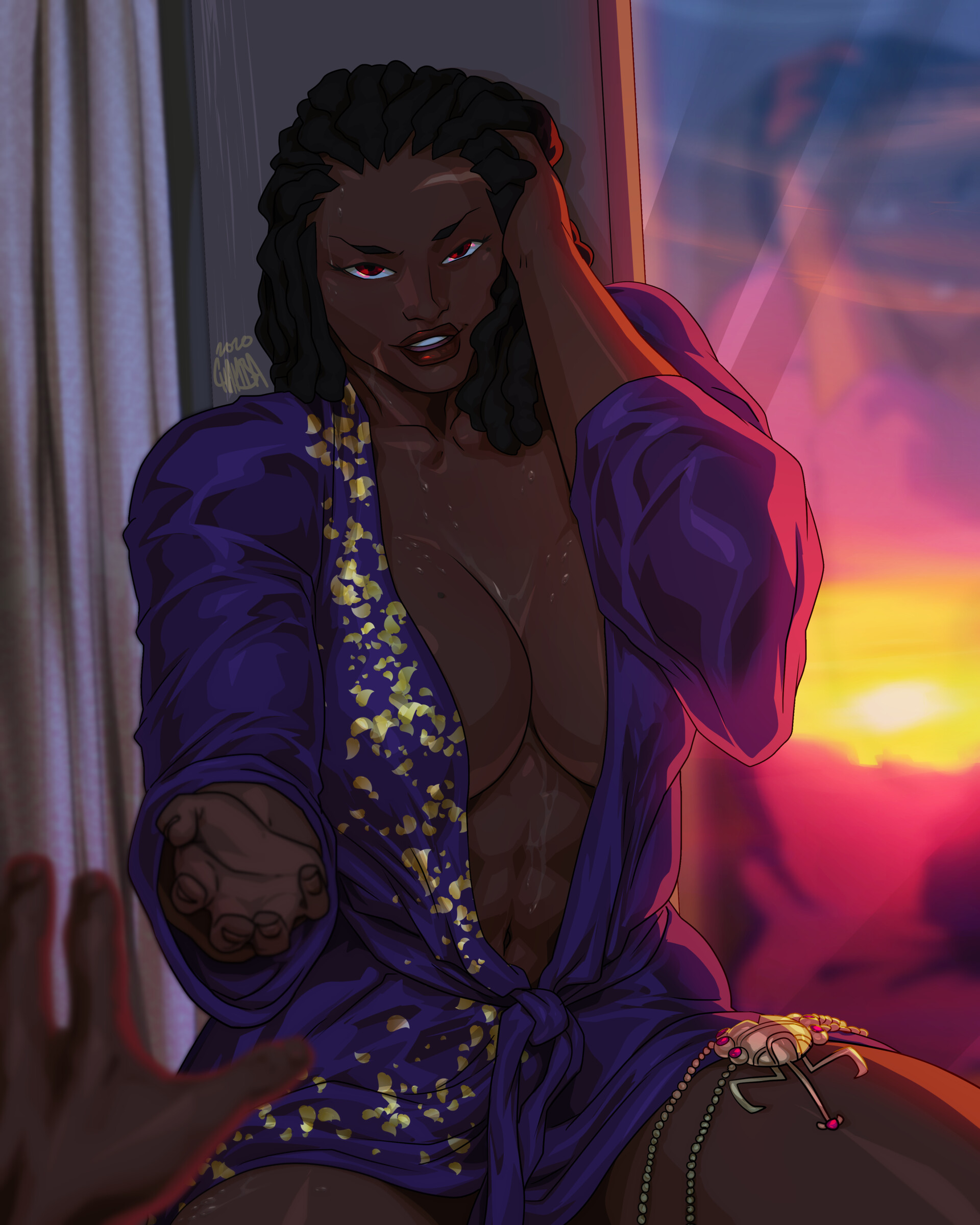 1boy, 1girls, abs, big breasts, big lips, black hair, breasts, clothing, dark skin, dark-skinned female, female, jeffrey cruz, male, muscular, muscular arms, muscular female, pov, red eyes, romantic ambiance, scars, thick thighs