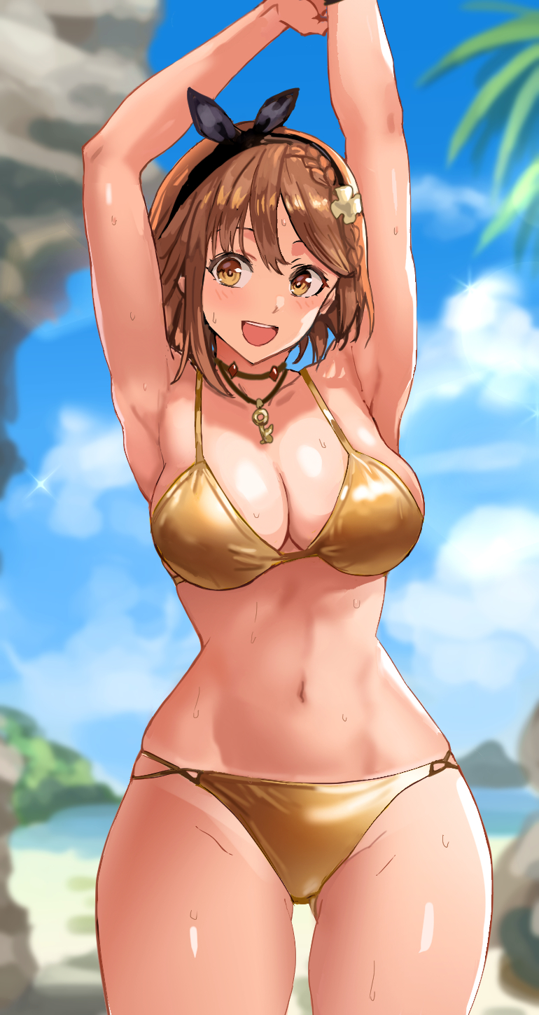 1girls, atelier (series), atelier ryza, beach, big breasts, bikini, braided hair, breasts, cleavage, daraz18aka, female, golden bikini, looking at viewer, reisalin stout, tagme
