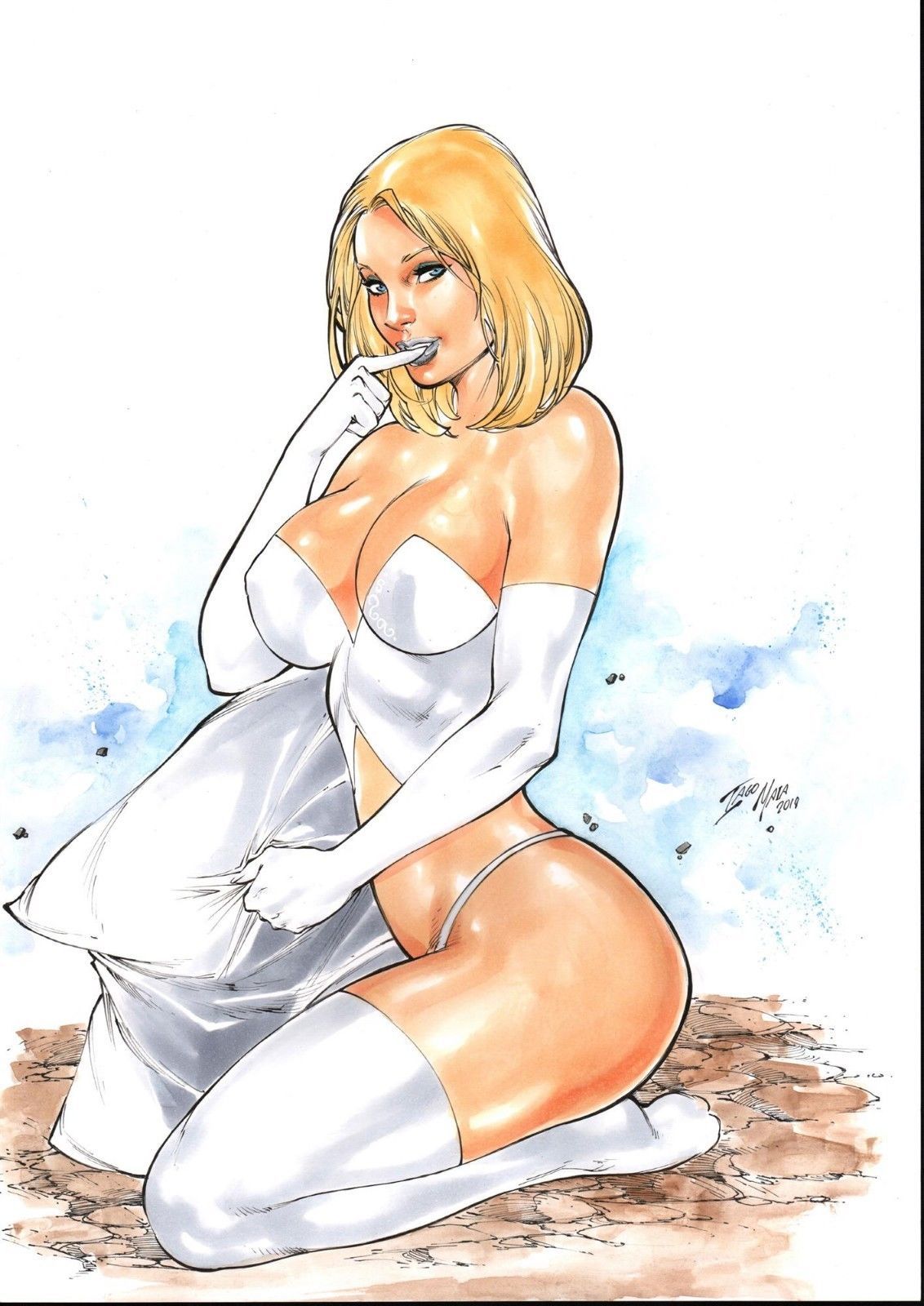 1girls big_breasts blonde_hair curvaceous curvy_body curvy_female curvy_figure dominant_female dominatrix ed_benes_studio emma_frost grey_lipstick hellfire_club iago_maia looking_at_viewer marvel marvel_comics mistress pillow_grab short_hair signature solo_female tagme voluptuous voluptuous_female white_corset white_gloves white_queen white_thighhighs white_thong x-men