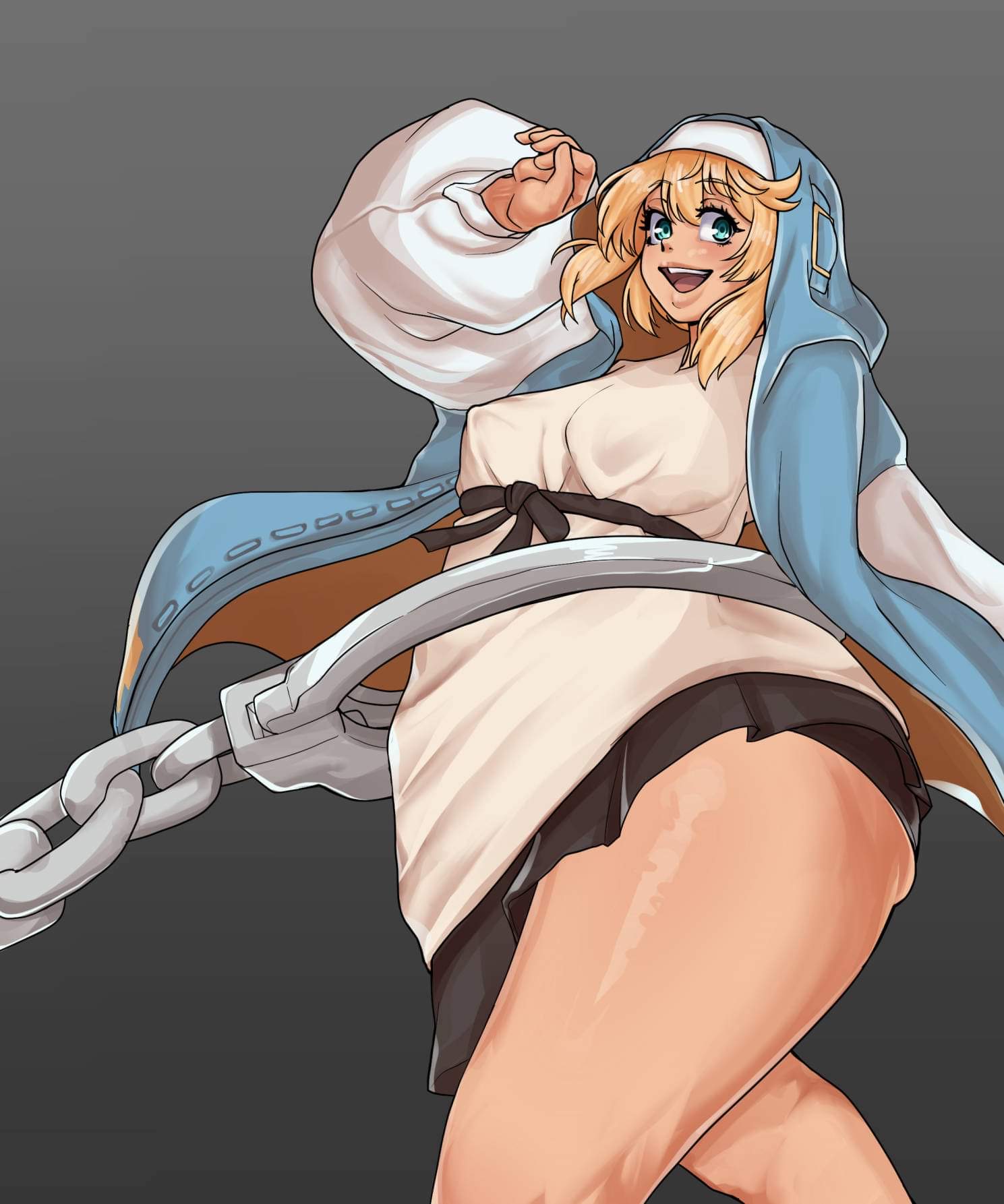 1futa, blonde hair, blue eyes, blush, breasts, bridget, fully clothed, futa only, futanari, guilty gear, guilty gear strive, happy, hoodie, intersex, light skin, medium breasts, skirt, solo, solo futa, standing, thick thighs, thighs, tsugoi6969, wide hips