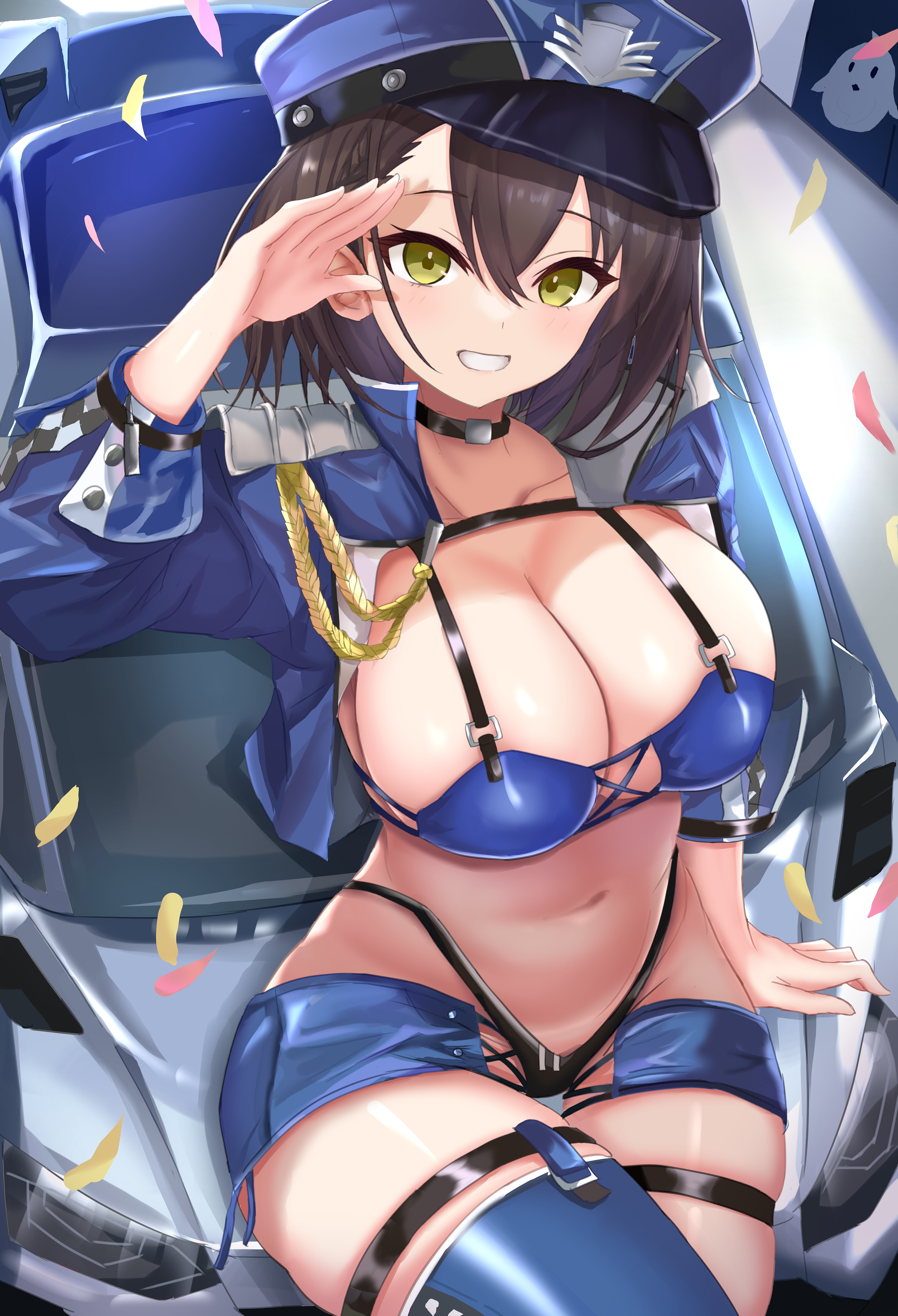 1girls, 2022, artist request, azur lane, baltimore (azur lane), baltimore (finish line flagbearer) (azur lane), blush, booty shorts, breasts, brown hair, car, cleavage, cropped jacket, female, female only, green eyes, grin, hat, hi res, hips, huge breasts, jacket, light skin, light-skinned female, looking at viewer, open jacket, race queen, revealing clothes, salute, short hair, short shorts, shorts, skindentation, slim waist, smile, thick thighs, thigh strap, thighhighs, thighs, thong, wide hips