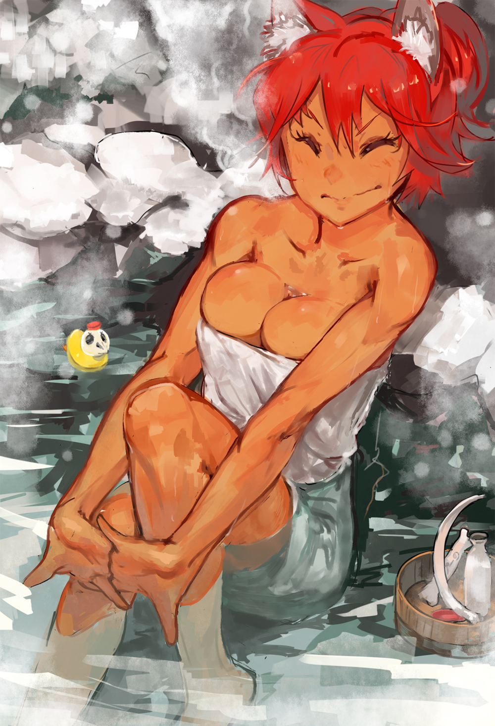 1girls, big breasts, breasts, dark skin, eyes closed, female, hot spring, kemonomimi, lupusregina beta, overlord (maruyama), red hair, rubber duck, solo, stretching, tagme, towel