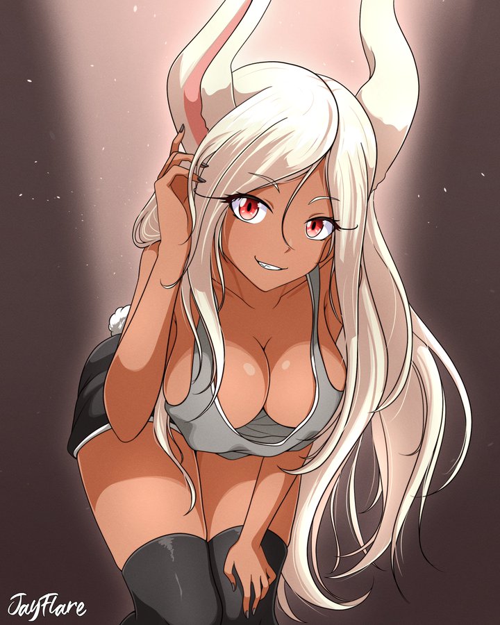 1girls, animal ears, athletic, athletic wear, bare shoulders, bent over, big breasts, black legwear, breasts, bunny ears, bunny girl, bunny tail, cleavage, dark skin, dark-skinned female, downblouse, female, female only, gym clothes, hand in hair, hanging breasts, happy, hips, humanoid, jay flare, large breasts, leaning forward, long hair, long legs, looking at viewer, miruko, my hero academia, no bra, rumi usagiyama, smile, solo, solo female, sportswear, tank top, thick, thick thighs, thighhighs, thighs, white hair, wide hips