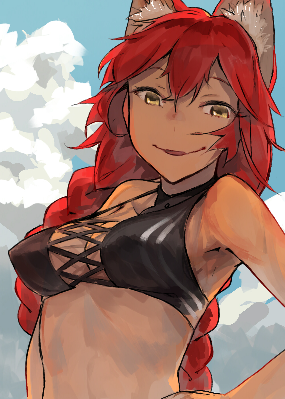 1girl 1girls breasts brown_skin clouds cute evil_grin female female_only fluffy fluffy_ears kemonomimi long_hair lupusregina_beta medium_breasts overlord_(maruyama) pointy_nipples red_hair smiling_at_viewer swimsuit tagme toro3 twin_braids wolf_ears wolf_girl yellow_eyes