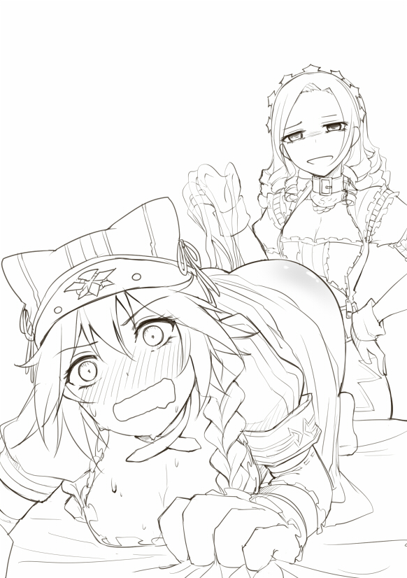 2girls, bed, big breasts, black and white, breasts, female, female focus, female only, lesbian, lesbian sex, long hair, lupusregina beta, maid, maid headdress, maid uniform, monster girl, on bed, overlord (maruyama), slime, slime girl, smile, smiling at viewer, solution epsilon, tagme, tamagoyaki (killsheep), yuri