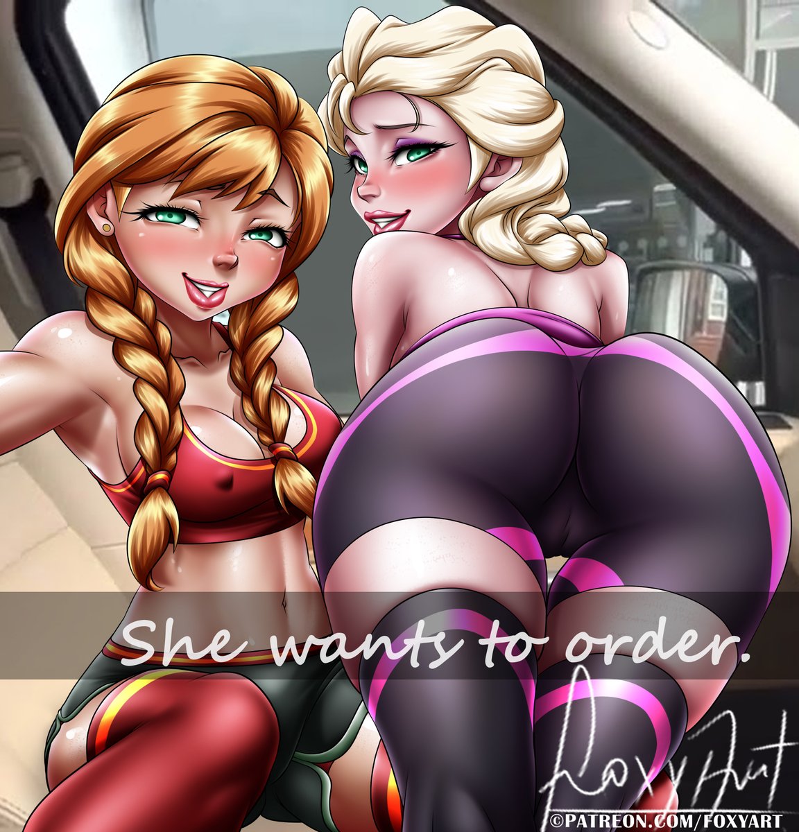 anna_(frozen) ass big_ass big_breasts breasts disney disney_princess elsa_(frozen) foxyart frozen_(film) he_wants_to_order large_ass looking_back meme nipple_bulge pokies sisters snapchat white_hair