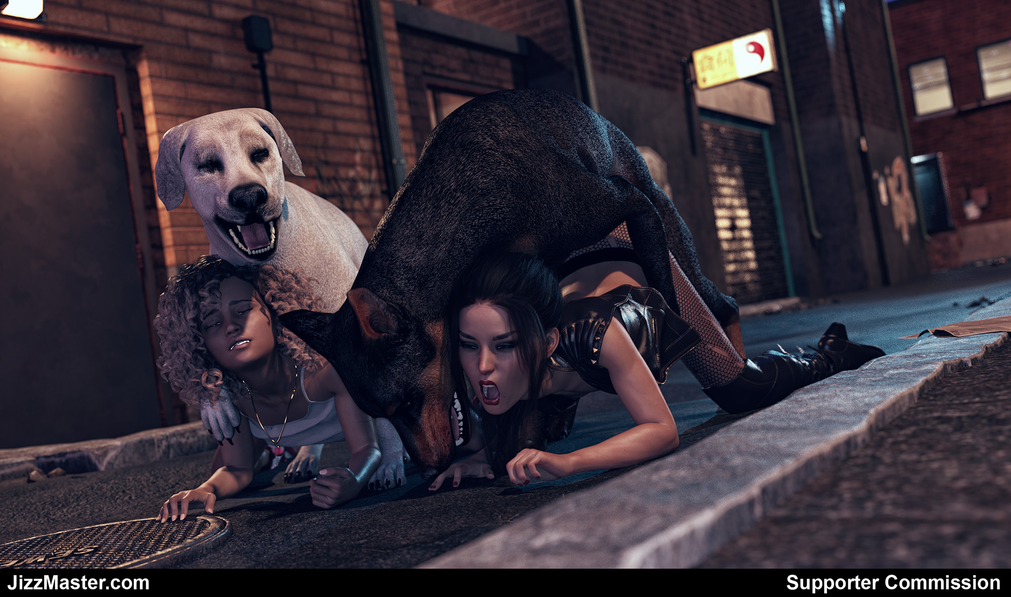 2animals, 2girls, 3d, ambiguous penetration, canine, closed eyes, curly hair, doggy style, domestic dog, female, feral on female, fishnets, jizzmasterzero, knee boots, necklace, on ground, open mouth, outdoors, sex, zoophilia
