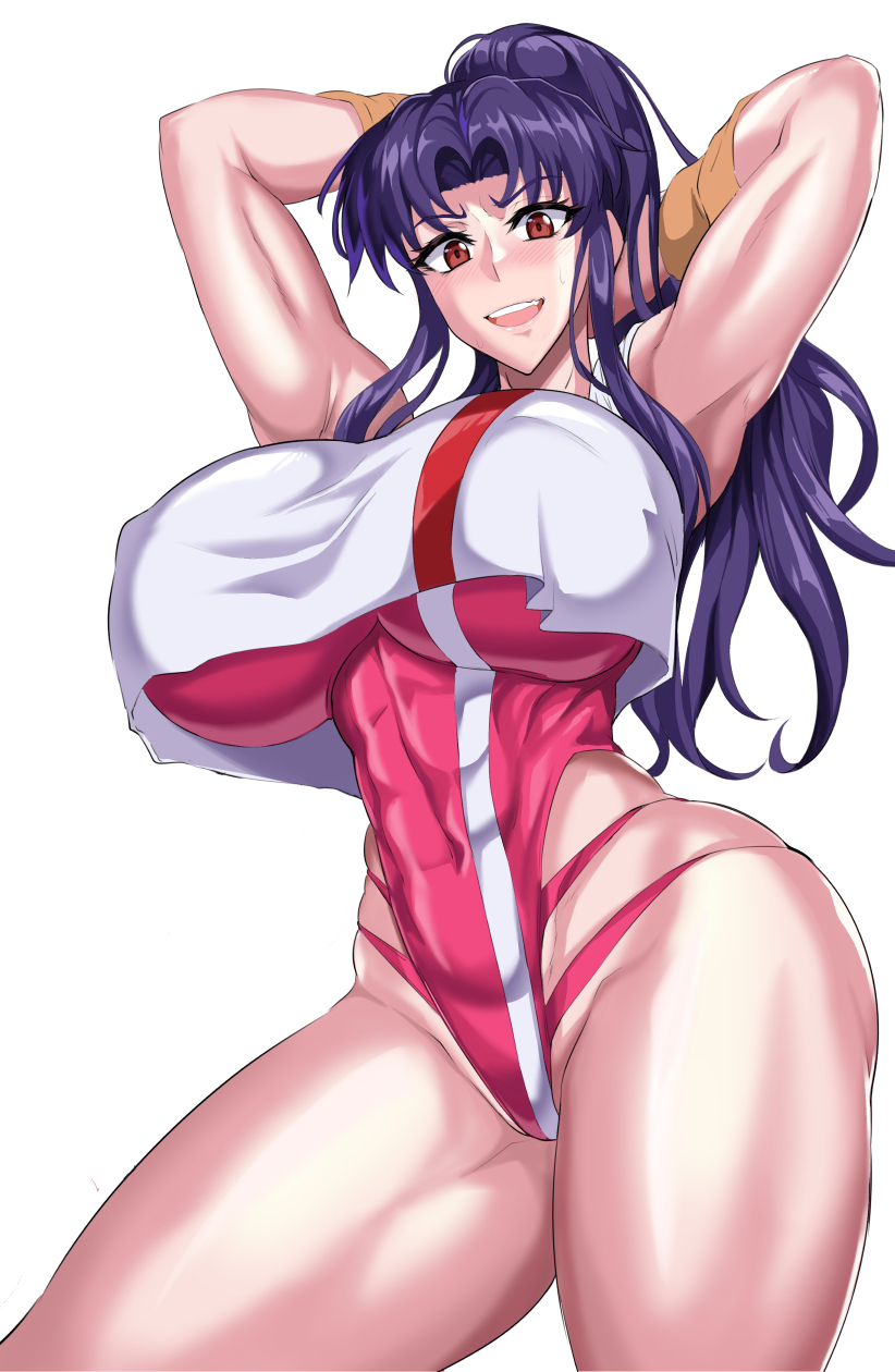 1girls alternate_breast_size alternate_costume arms_behind_head big_ass big_breasts big_butt blush curvy female female_focus female_only gainax gunbuster gym_uniform huge_breasts human jet_puri large_ass large_breasts large_butt leotard light-skinned_female light_skin long_hair misato_katsuragi neon_genesis_evangelion nipple_bulge nipples open_mouth purple_hair small_waist solo solo_female swimsuit thick_ass thick_thighs underboob white_background wide_hips