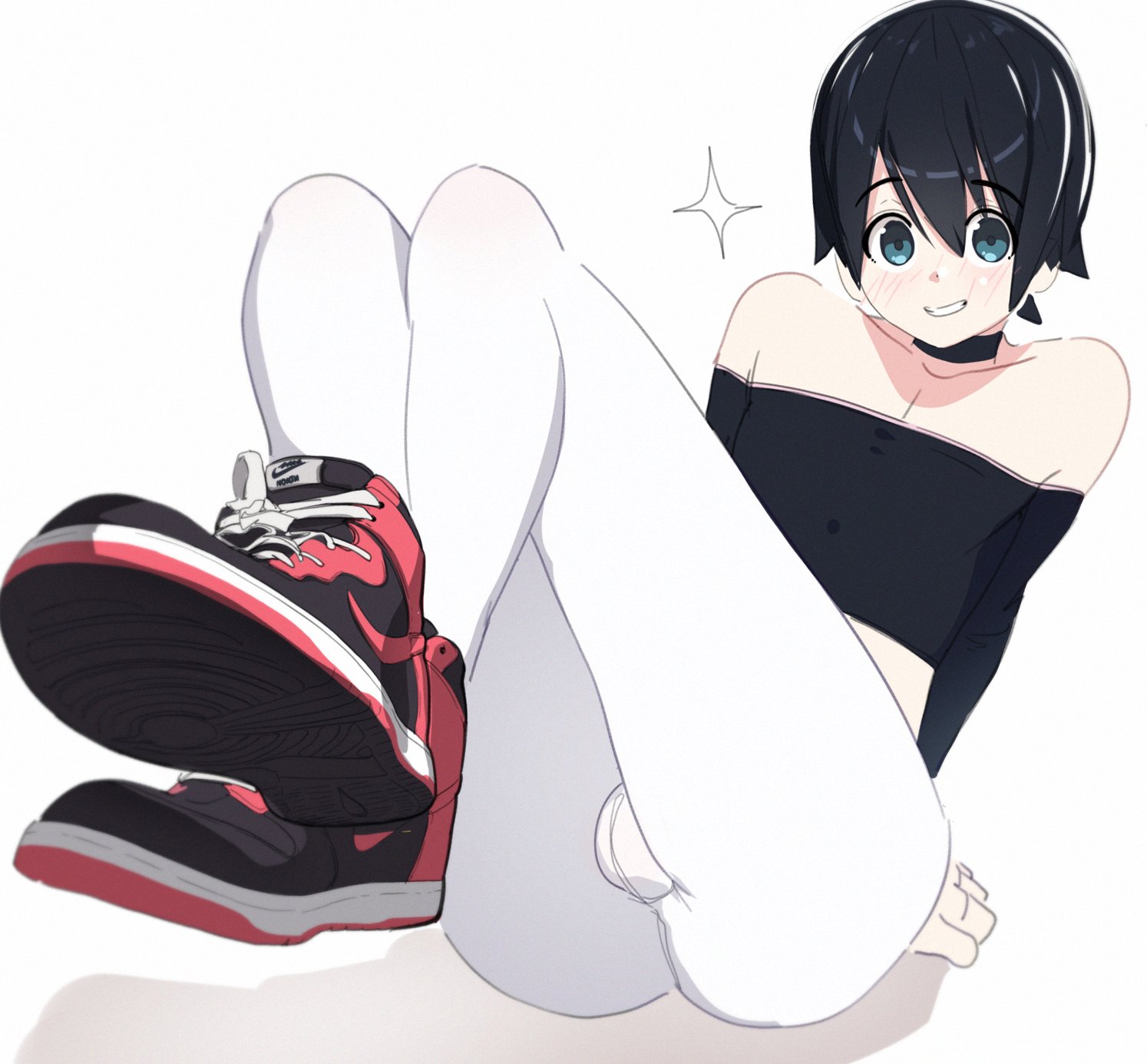 1boy, ass, bigppea, black hair, blue eyes, bulge, eye contact, femboy, fully clothed, looking at viewer, male, male only, original, short hair, solo, solo male, tight clothing, tight pants