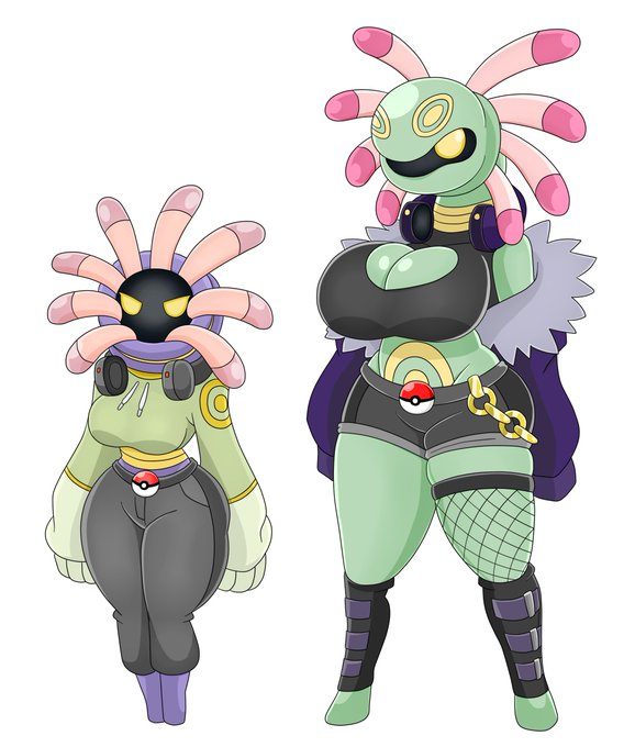 2girls anthro anthrofied ass barefoot beats_by_dre belt big_ass big_breasts breasts bulging_thighs chain charm choker cradily crop_top cropped_shirt exposed_shoulders female female_only fishnet fossil_pokémon fur_coat glowing_eyes gold_neckband green_skin head_tails headphones headphones_around_neck headtail hidden_face hoodie lileep multiple_girls necklace overflow pokémon_(species) pokeball pokemon pokemon_(species) seductive shin_guards shinguards shorts simple_background slime slutty_outfit sweat_pants sweatpants sweatshirt thick_thighs thighhighs thighs tight_clothes tight_clothing tight_fit tight_pants urusee584 wallet_chain white_background whore yellow_eyes