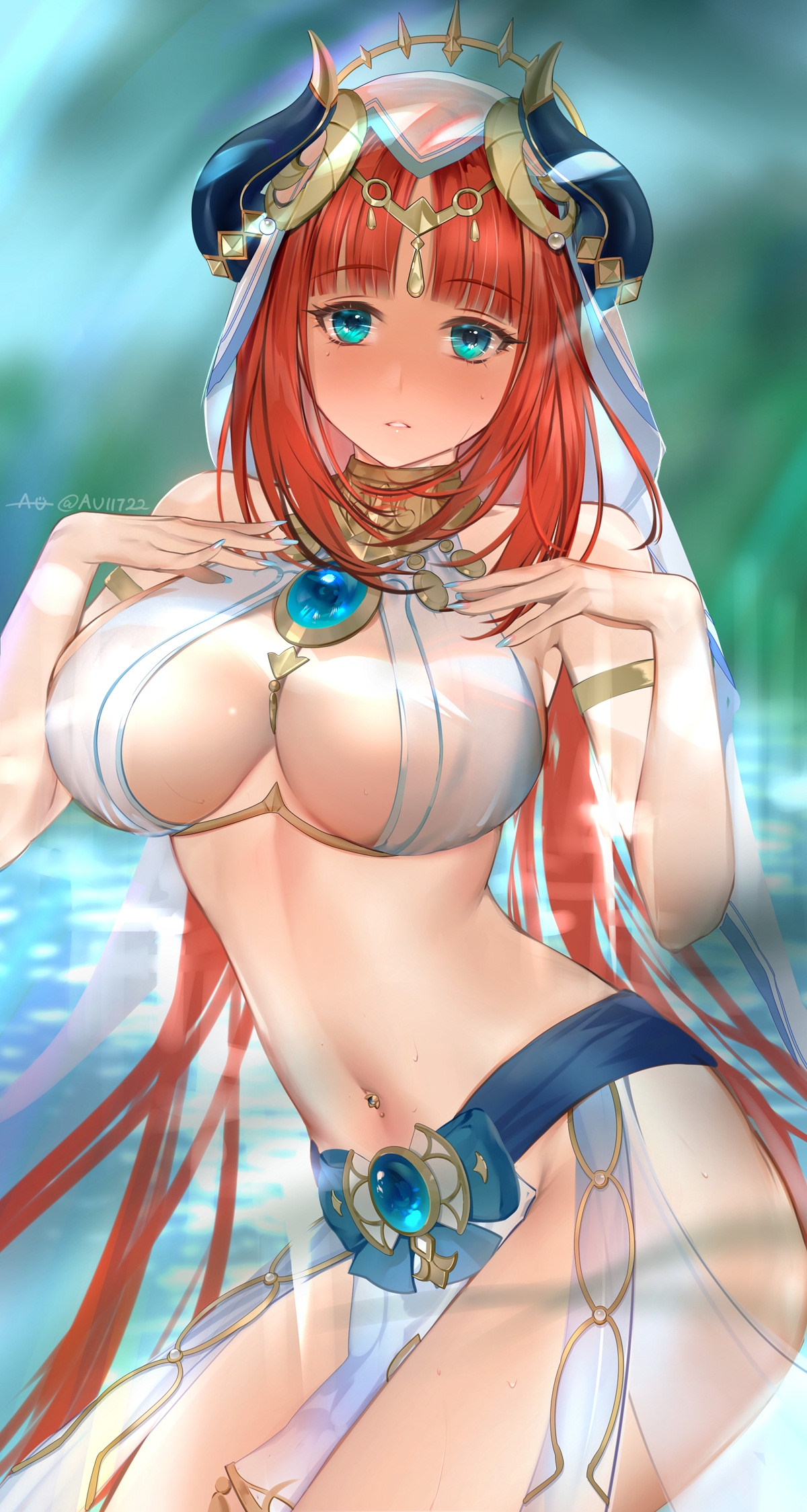 1girls, au11, big breasts, breasts, dancer outfit, female, genshin impact, light skin, light-skinned female, nilou (genshin impact), red hair, solo, solo female