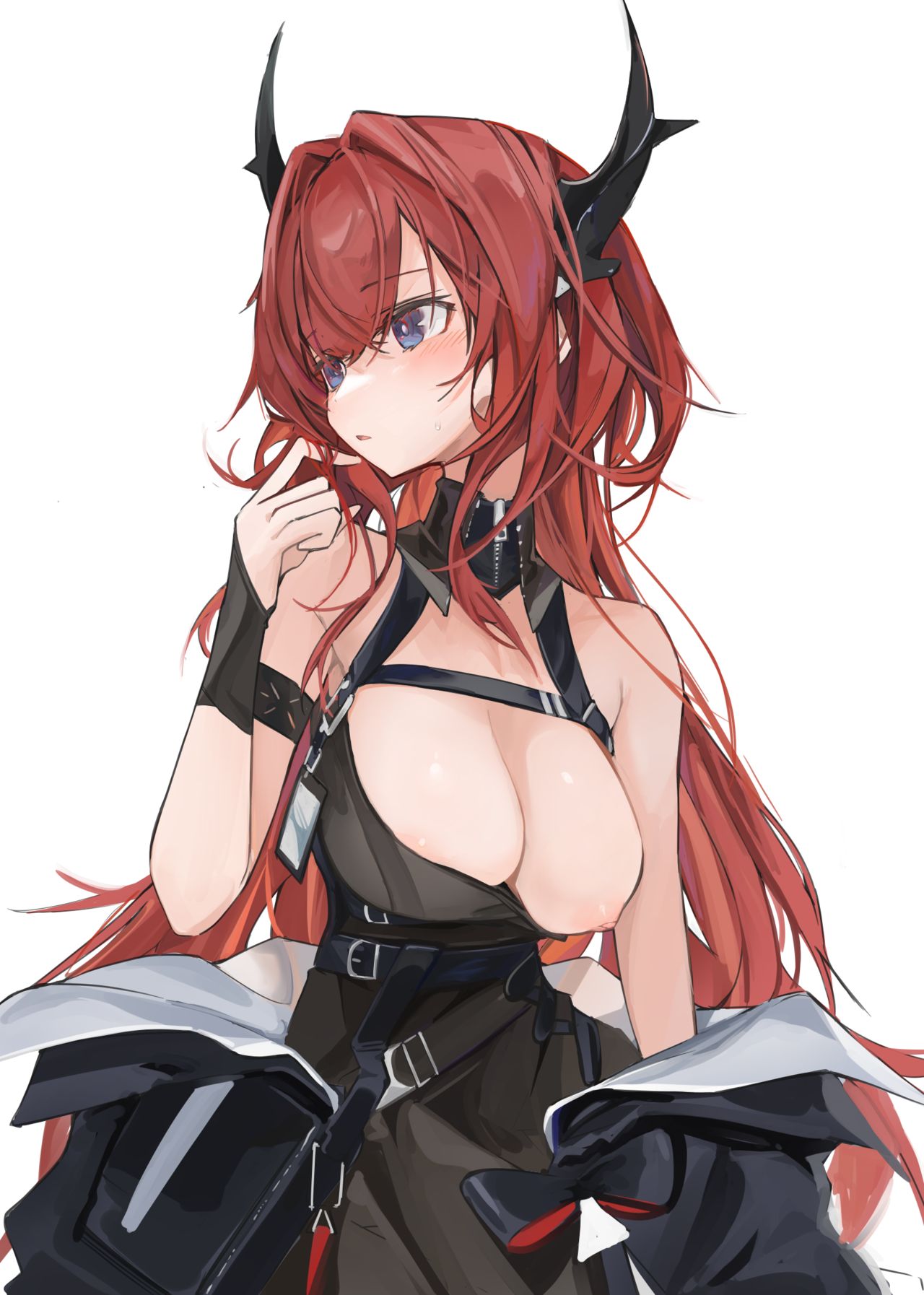 1girls, areolae, arknights, bare shoulders, big breasts, blush, breast outside, breasts, cleavage, clothed, exposed breasts, female, female only, horns, light skin, light-skinned female, long hair, looking away, mikozin, nipples, one breast out, playing with hair, purple eyes, red hair, solo, surtr (arknights), uniform, very long hair, white background