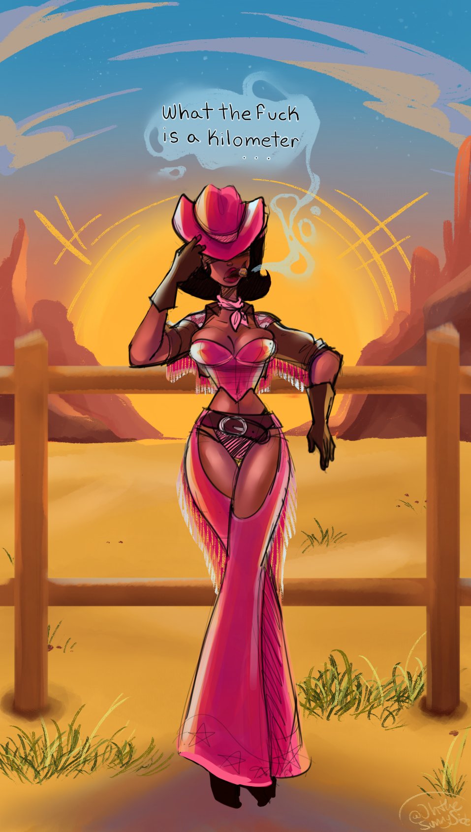 1girls ascot assless_chaps belt blue_sky breasts brown_hair cigar cleavage clouds cowboy_hat cowboy_outfit crossed_legs dark-skinned_female dark_skin desert detailed_background exposed_panties female female_focus gloves hourglass_figure leaning_on_fence leaning_on_object leather_gloves long_legs midriff naomi_sun obscured_eyes ohthesunnyside overflowing_breasts panties pink_clothes pink_clothing pink_cowboy_hat pink_panties red_lipstick short_hair sleekette smoking solo solo_female speech_bubble standing sun sunset tassels text thigh_gap thighs thin_waist valley wooden_fence