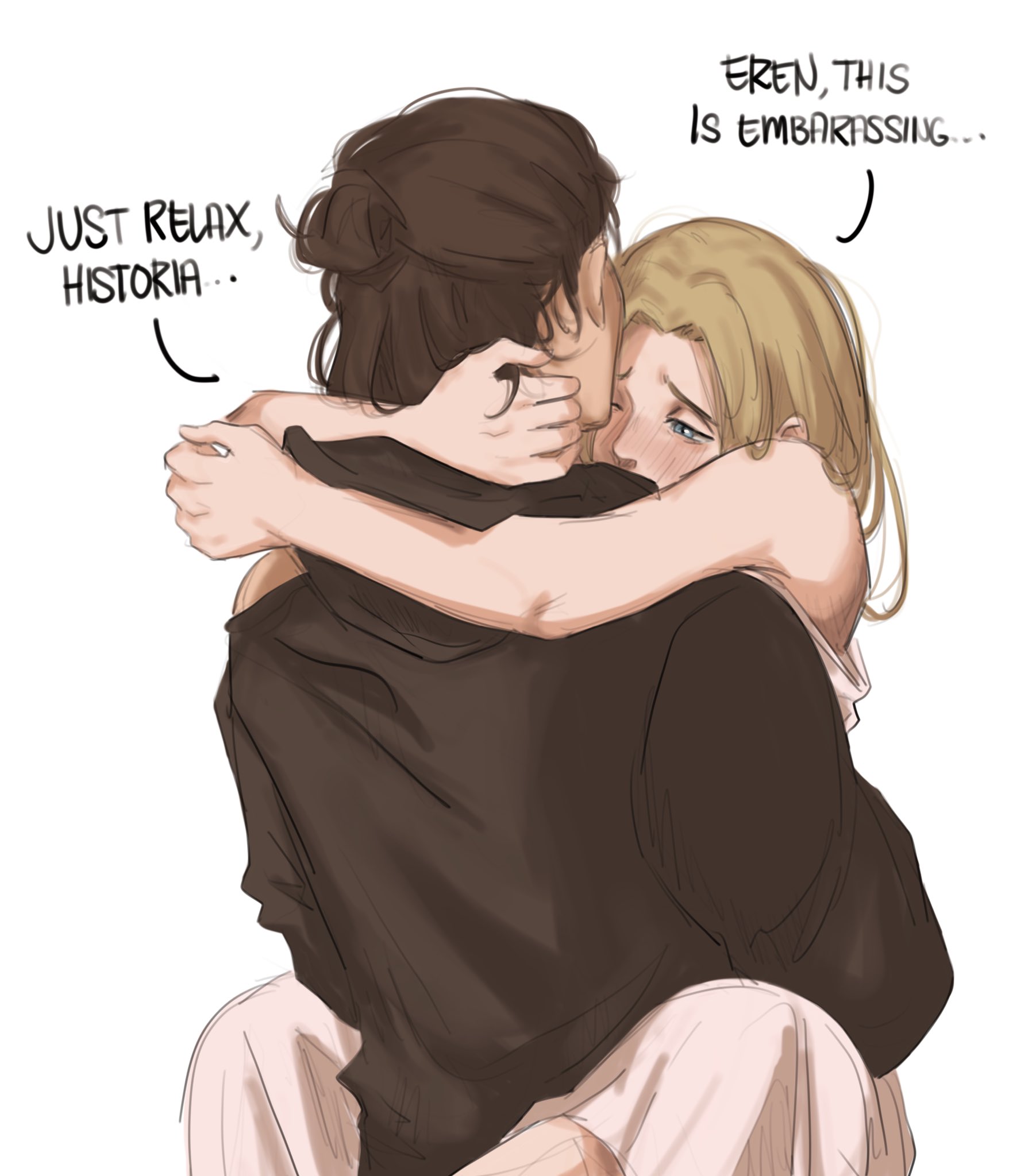 1boy, 1girls, ambiguous penetration, arms around neck, artist request, attack on titan, blonde female, blonde hair, blush, carrying, carrying partner, christa lenz, clothed, embarrassed, embrace, embracing, english text, eren jaeger, female, historia reiss, hugging, legs around partner, male, male/female, sex, shingeki no kyojin, straight, straight sex, suggestive, wrapped in sheets
