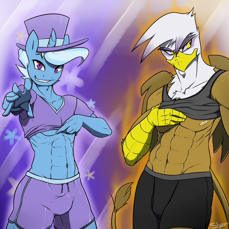 1:1 2014 2boys abs abstract_background anthro anthrofied athletic athletic_anthro athletic_male avian beak biceps blue_body blue_fur blush bottomwear brown_body brown_feathers bulge clothed clothing clothing_lift digital_drawing_(artwork) digital_media_(artwork) duo duo_focus equid equine feathered_wings feathers fit fit_male friendship_is_magic ftm_crossgender fur furry genderswap_(ftm) gilda_(mlp) gryphon hair hasbro hat headgear headwear horn looking_at_viewer male male_focus male_only mammal multicolored_hair muscular muscular_anthro muscular_male my_little_pony mythological_avian mythology nipples pecs purple_eyes rule_63 shirt shirt_lift shorts simple_background slypon talon_hands tank_top top_hat topwear trixie_(mlp) two_tone_hair unicorn white_body white_feathers wings yellow_eyes