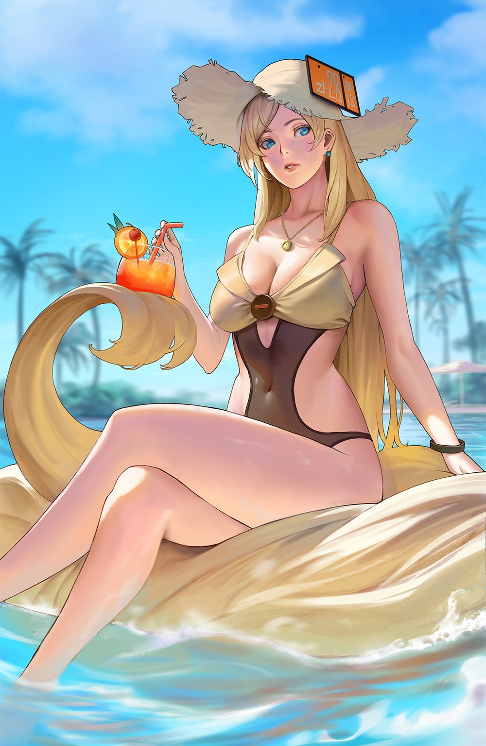 1girls, 2022, 2d, 2d (artwork), bikini, blonde hair, blue eyes, bracelet, breasts, cleavage, drink, earrings, female, female only, guilty gear, guilty gear strive, hat, human, human only, light skin, light-skinned female, long hair, looking away, millia rage, necklace, one piece swimsuit, palm trees, phamoz, pool, prehensile hair, questionable, solo, solo female, superpowers, swimsuit, trees, very long hair, zomayuan