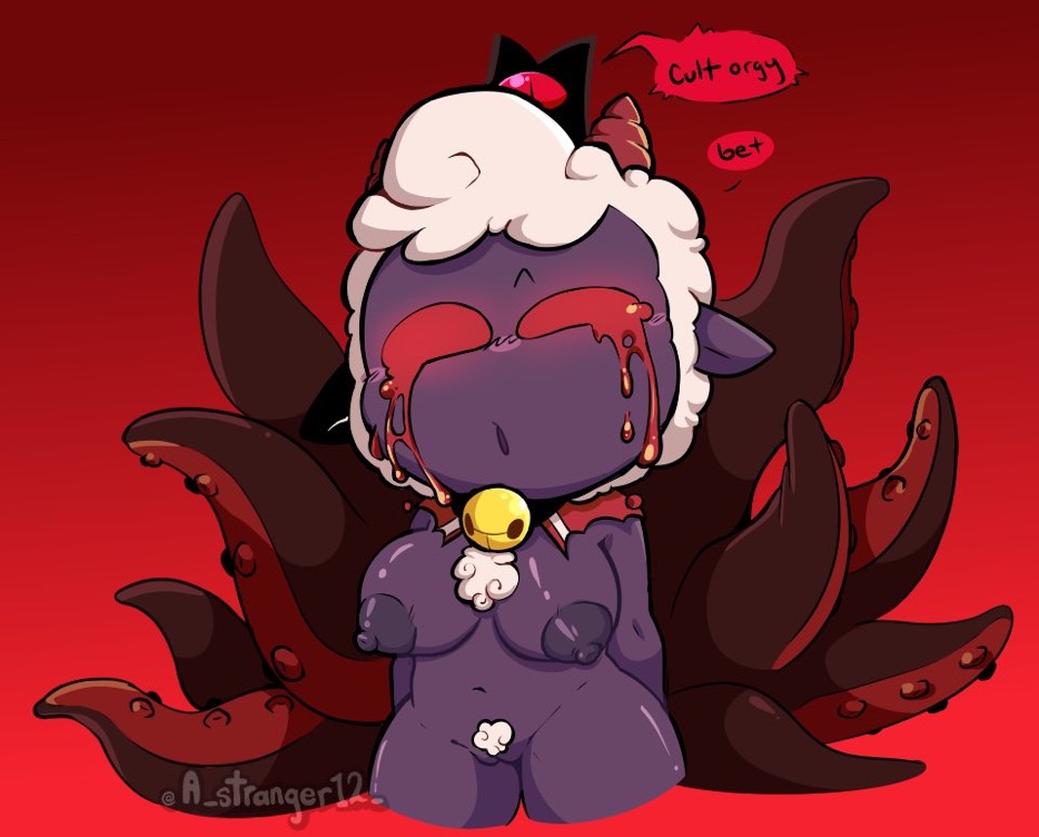 animal, astranger, cult of the lamb, female, female only, lamb (cult of the lamb), naked, possession, red eyes, something here idk, tentacle