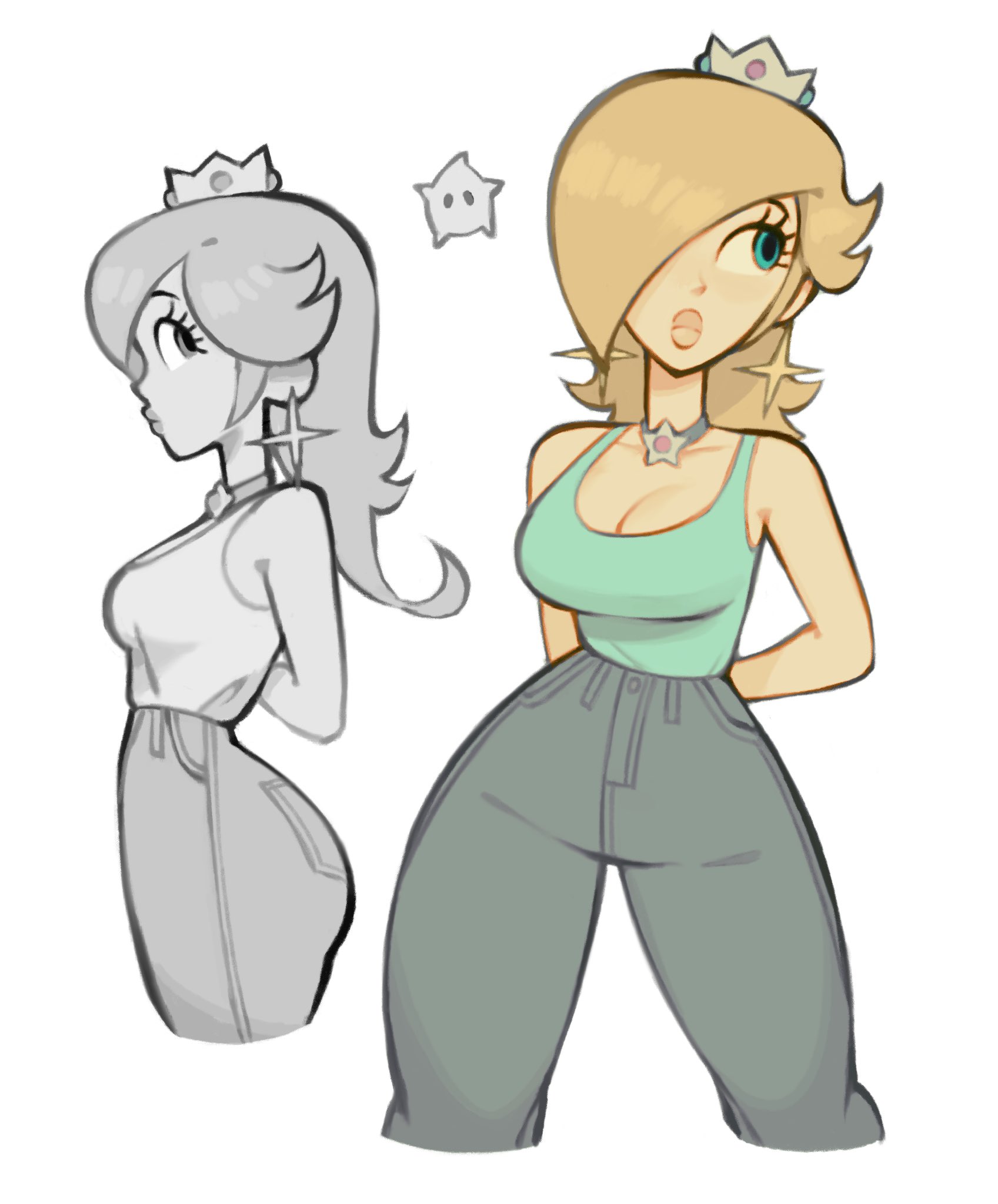1girls, 2022, big breasts, blonde hair, blue eyes, breasts, casual, choker, contemporary, crown, earrings, female, female only, hair over one eye, long hair, looking away, luma, mario (series), moonmanmom, nintendo, princess rosalina, simple background, solo, star earrings, tank top, white hair