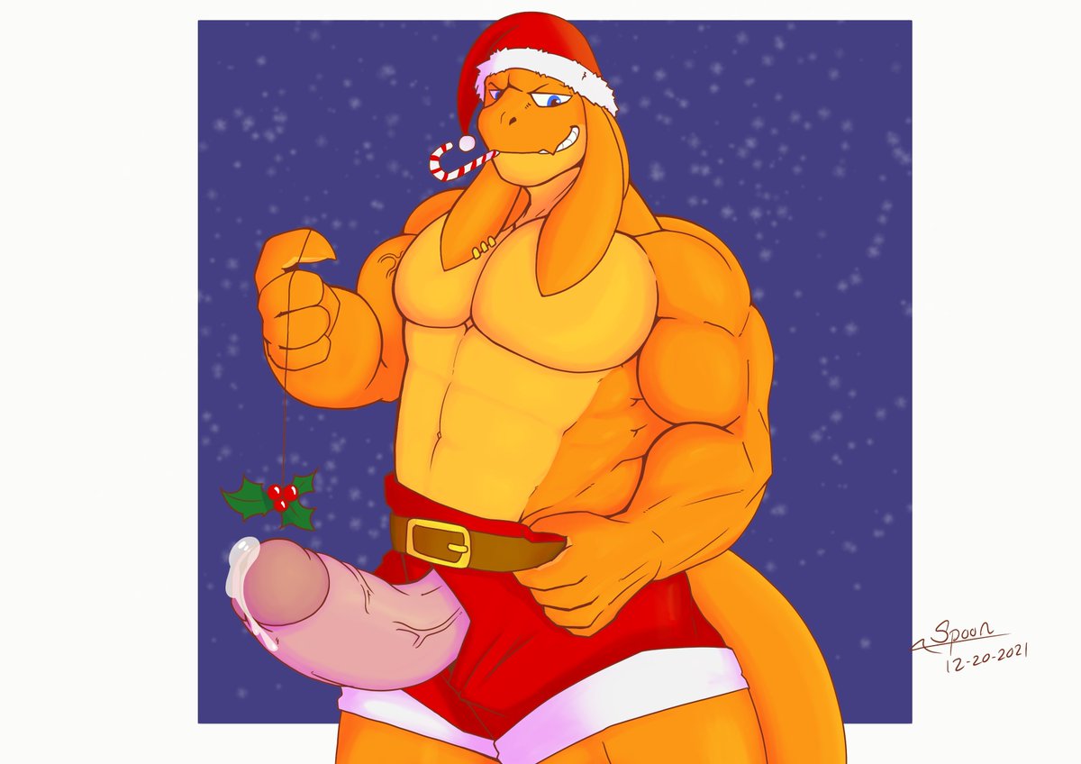 abs anthro bangaa beckoning belt biceps big_pecs blue_eyes bodily_fluids candy candy_cane candy_cane_in_mouth christmas christmas_clothing christmas_headwear claws clothing colored costume dessert dripping final_fantasy food genital_fluids genitals gesture hat headgear headwear holidays leaking_precum locke_(spoongod) looking_at_viewer male mistletoe muscular muscular_male orange_body pecs penis penis_through_fly piercing plant poking_out precum precum_drip santa_costume santa_hat sexy_santa shaded simple_background simple_shading smile smirk snow solo spoongod square_enix vein video_games