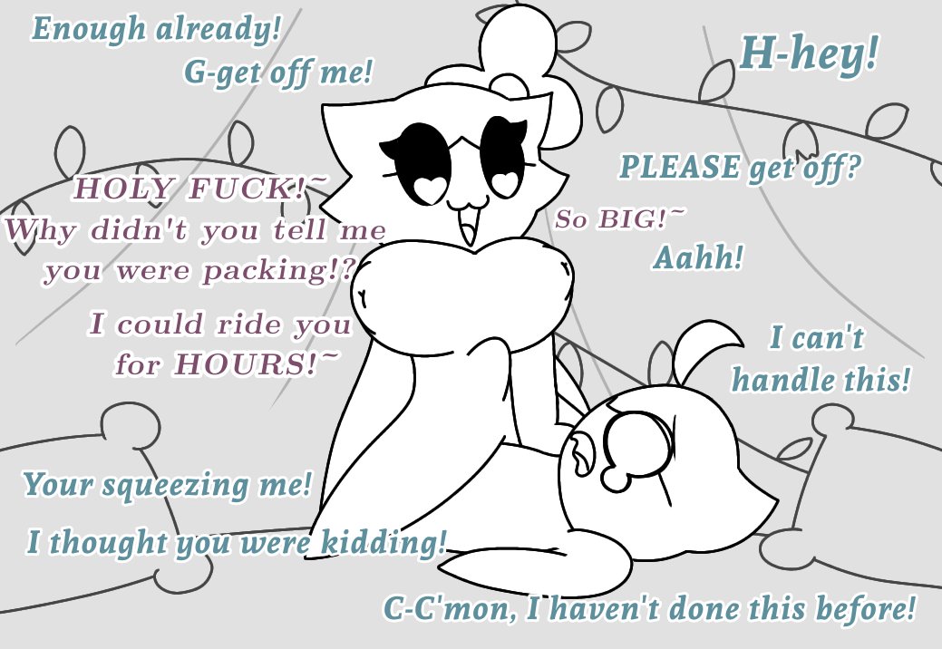 1boy, 1girls, 2020, buddy (itispermo), cowgirl position, english text, female, femdom, flower in hair, heart-shaped pupils, itisspermo, lily (itisspermo), male, no humans, rape, role reversal, rough sex, stomach bulge
